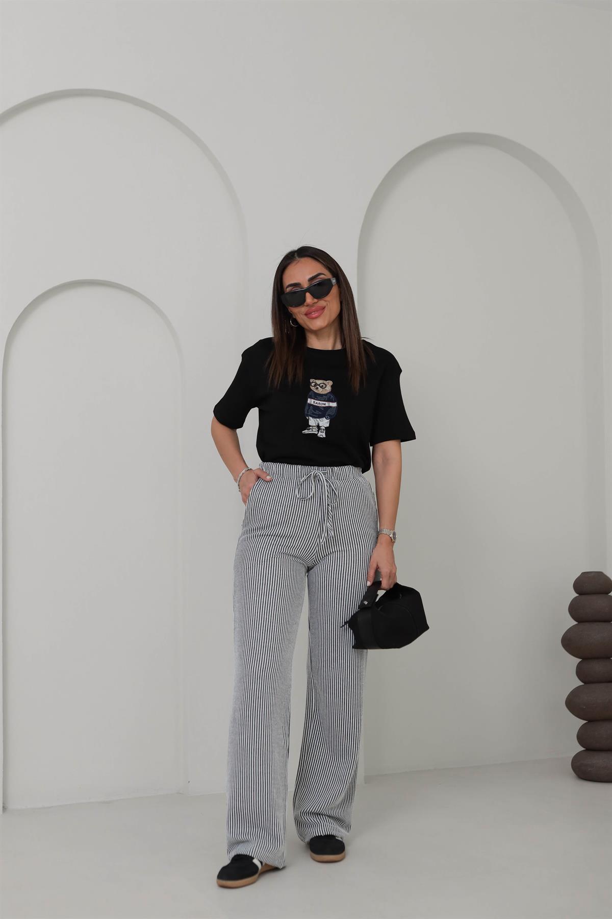 0146 Çizgili Rahat Pantolon SİYAH