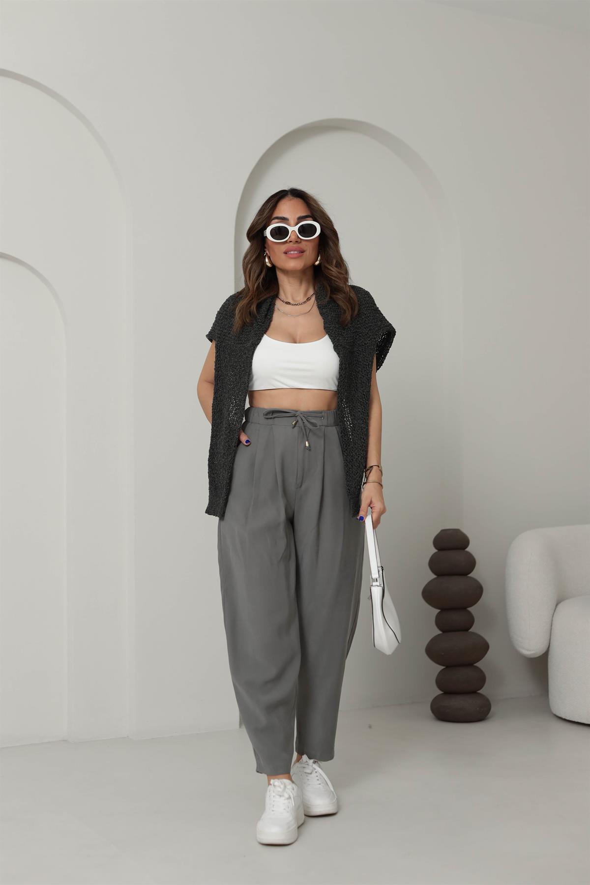 0266 Önden Bağcıklı Tencel Kumaş Havuç Pantalon HAKİ YEŞİL