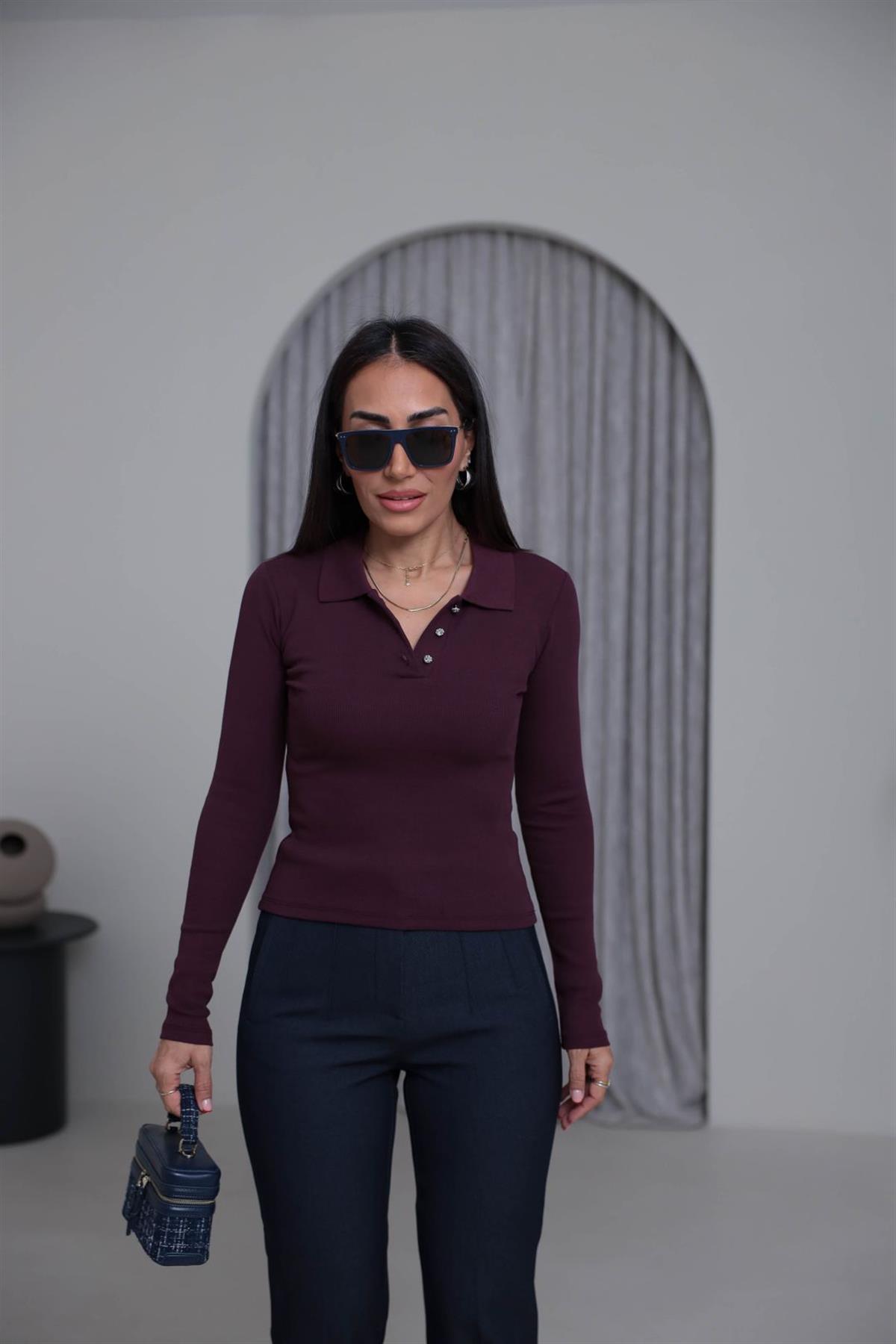 7195 Taş Düğme Detaylı Polo Yaka Bluz MÜRDÜM