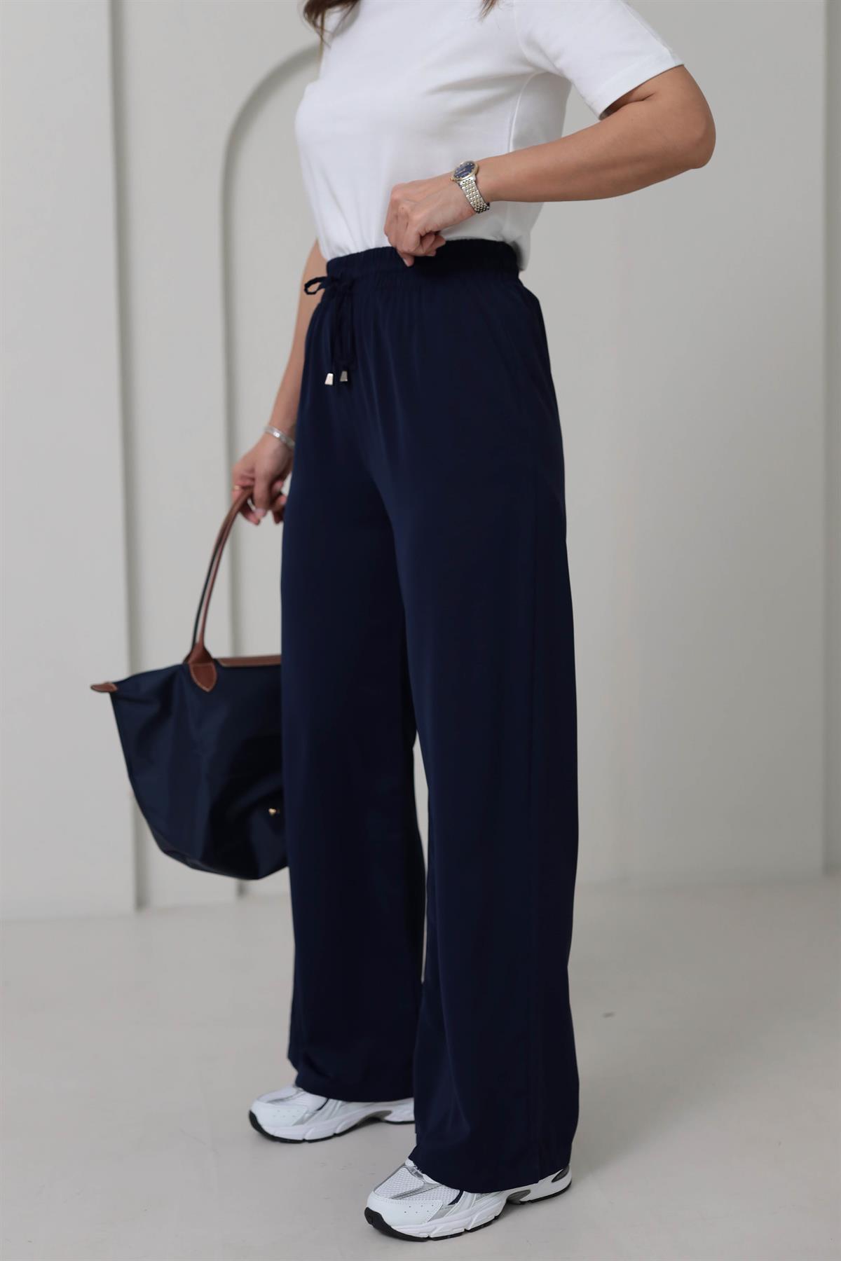 0858 Bel Lastikli Döküm Palazzo Pantolon LACİVERT