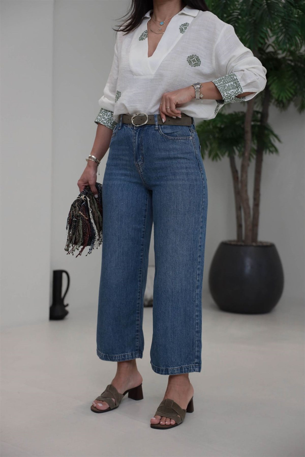 1026 Tencel Denim Süet Kemerli Kumaş Pantolon LACİVERT