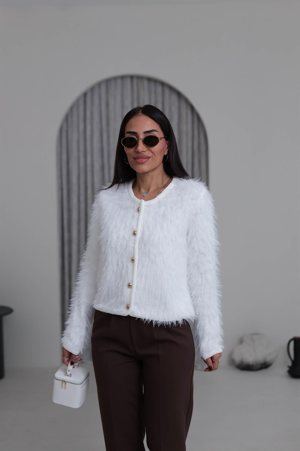 4938 Gold Düğme Detaylı Sakalı Hırka EKRU