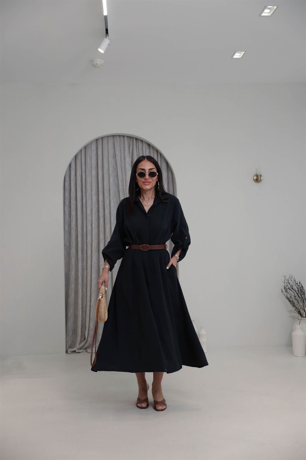 3270 Kemer Detaylı Tencel Kumaş Gömlek Elbise SİYAH