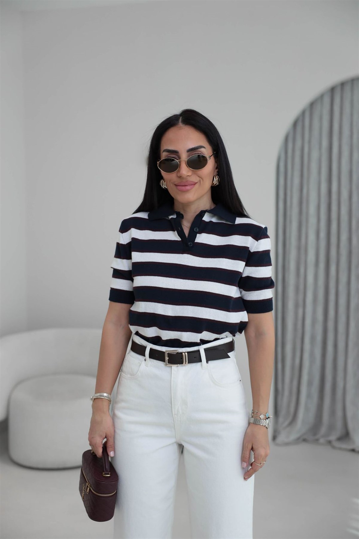 Polo Yaka Çizgili Massi Triko Bluz LACİVERT