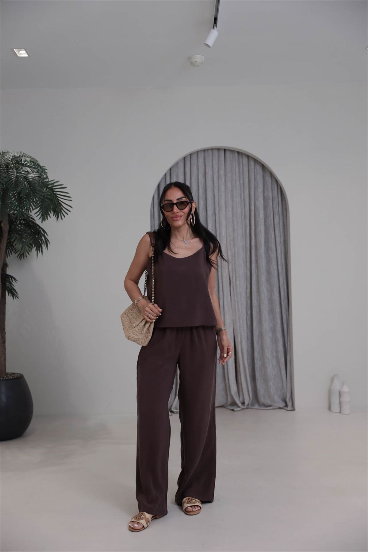 9298 İp Askılı Tencel Takım KAHVE