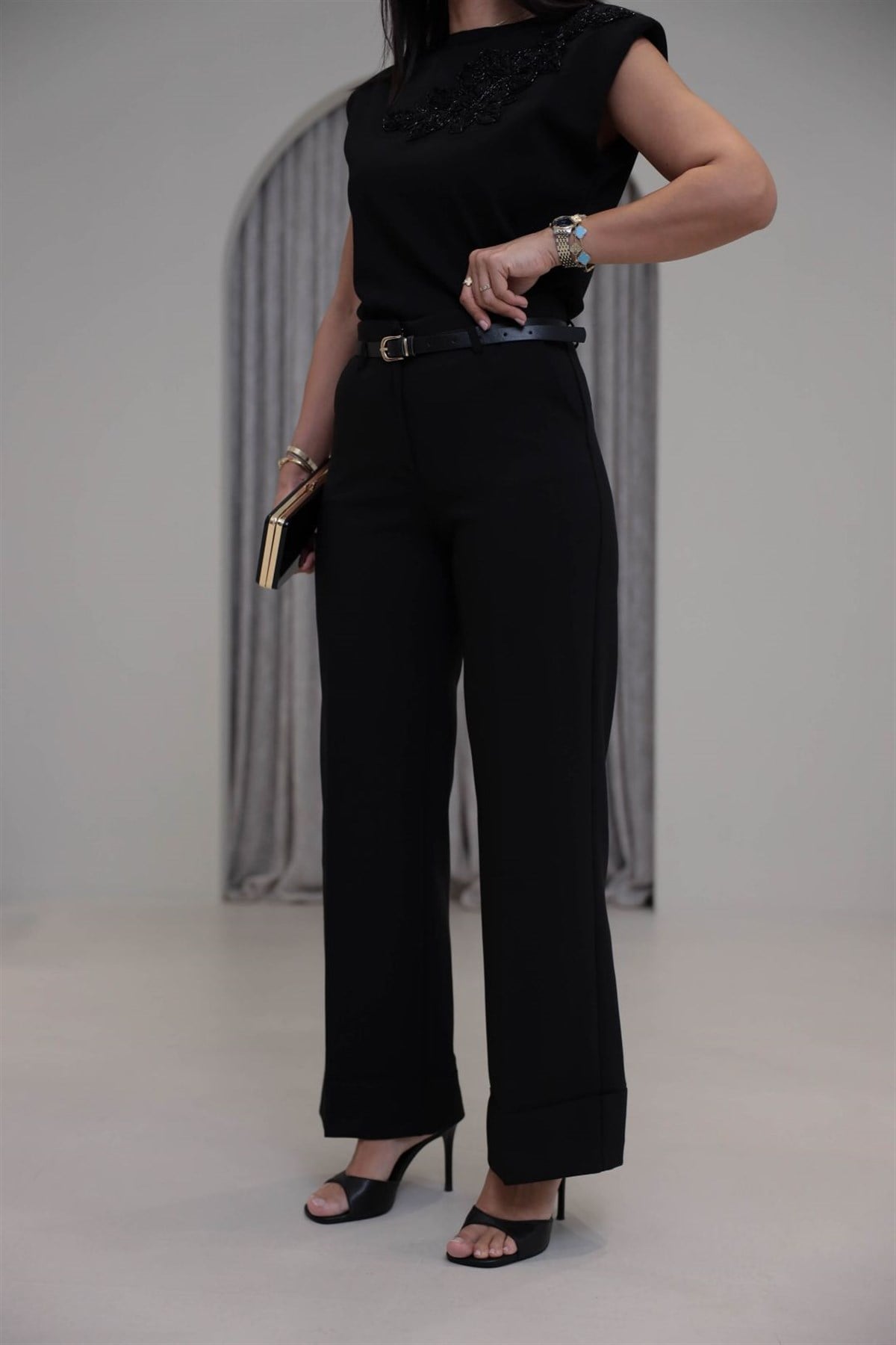 7050 Kemerli Paçası Dikiş Detay Palazzo Pantolon SİYAH