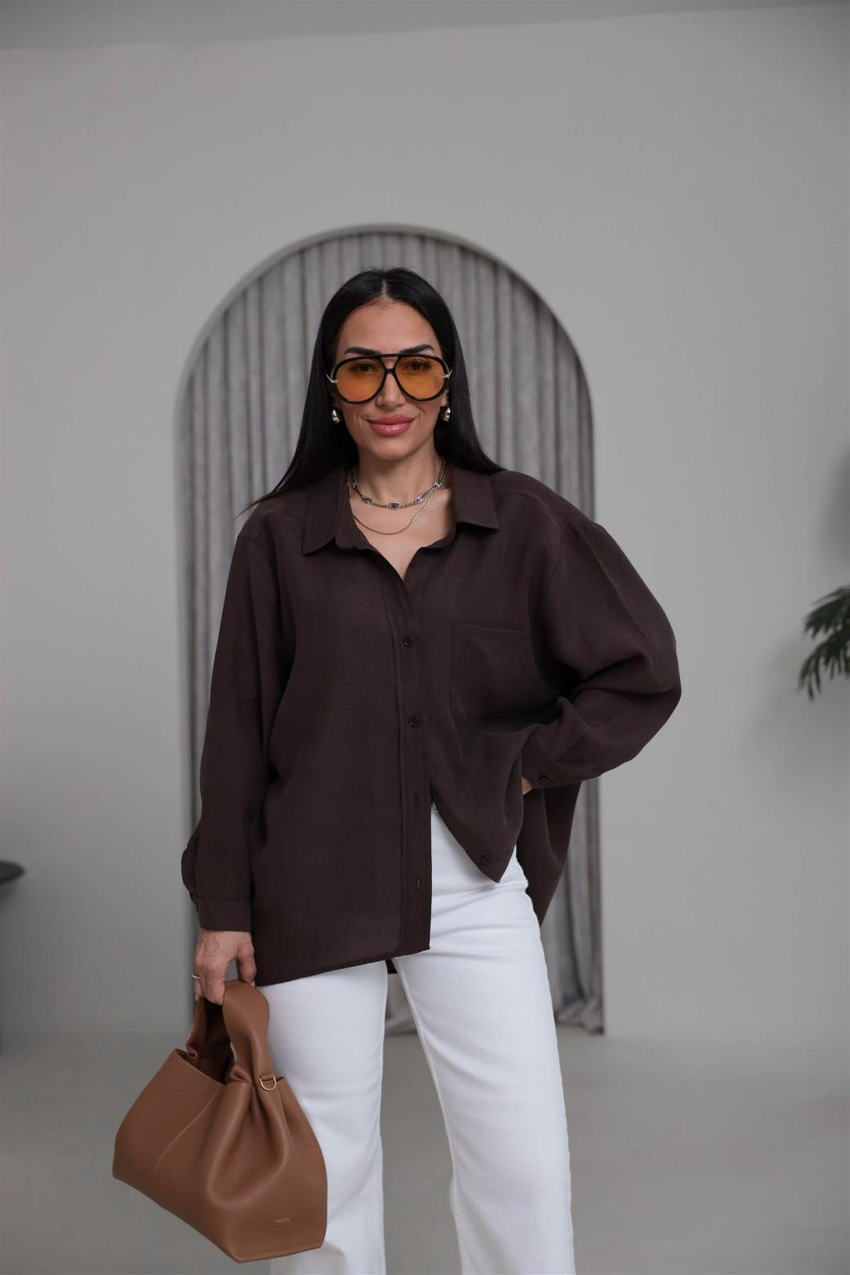 8454 Düşük Omuz Salaş Gömlek KAHVE