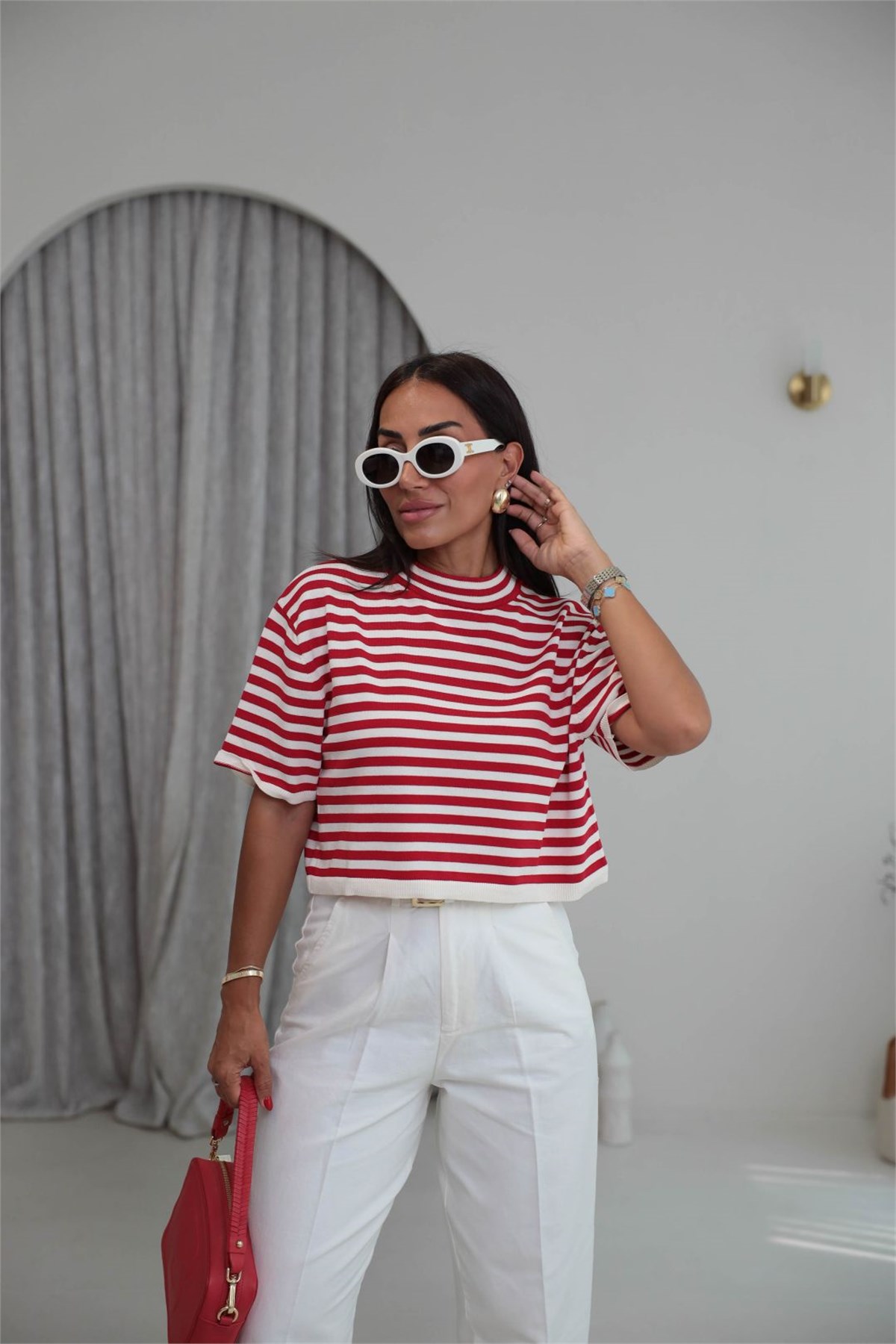 5439  Yarım Balıkçı Çizgili Crop Triko Bluz KIRMIZI
