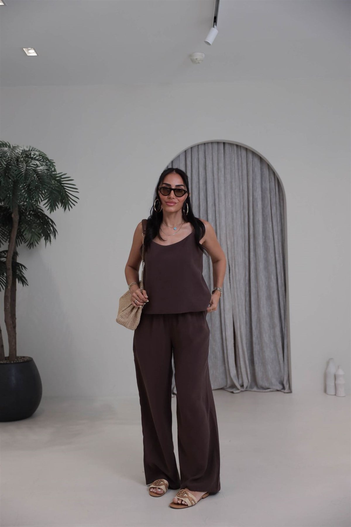 9298 İp Askılı Tencel Takım KAHVE