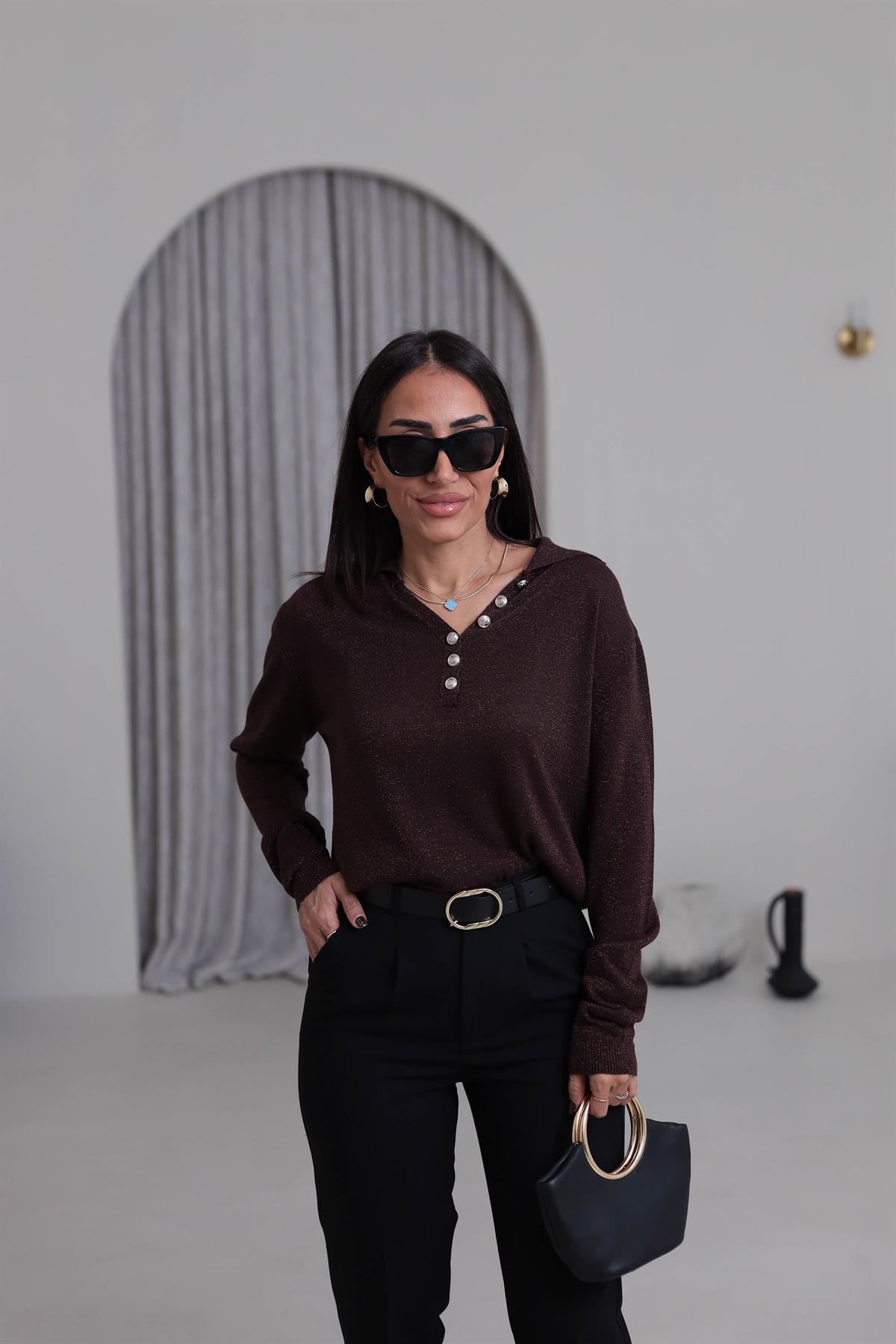 Simli Polo Yaka Bluz KAHVE