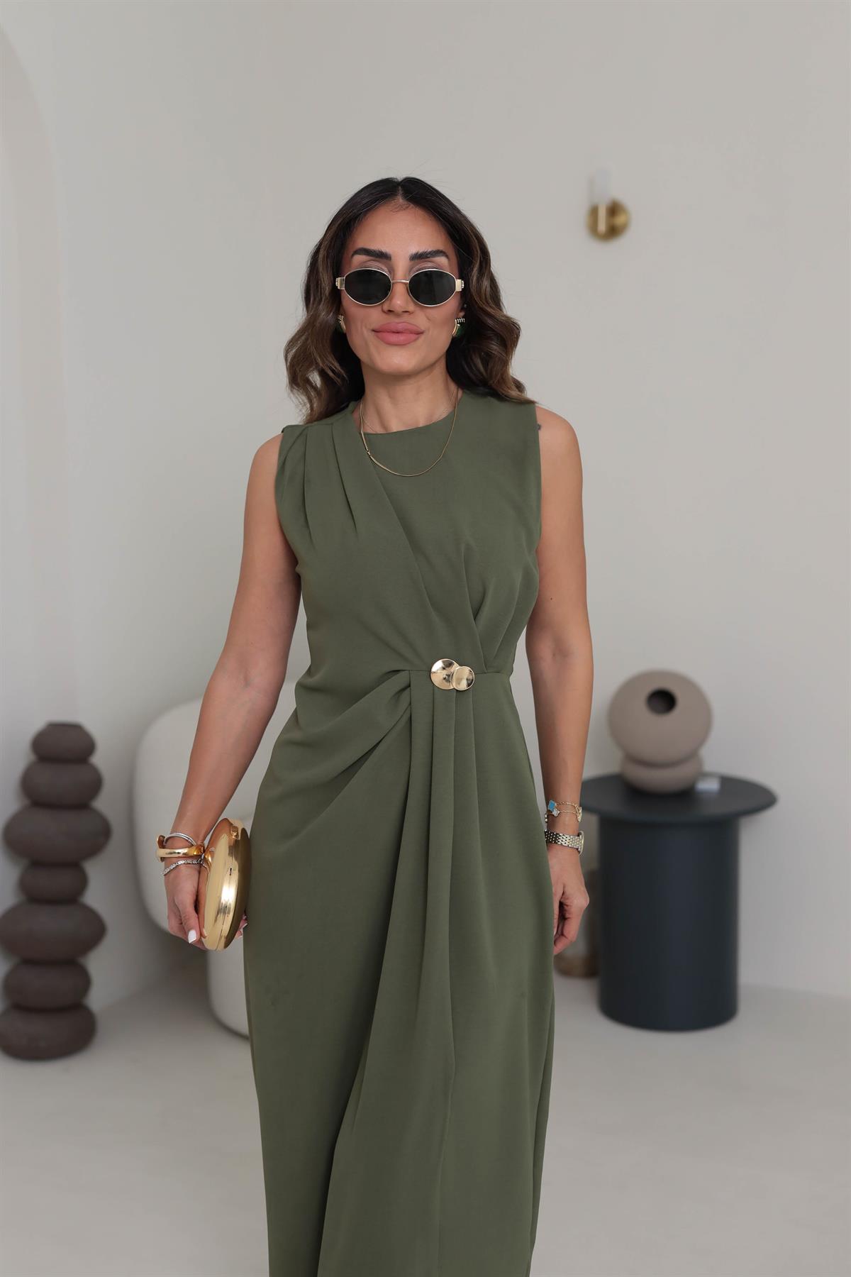 3718 Gold Broşlu Kolsuz Midi Elbise HAKİ YEŞİL