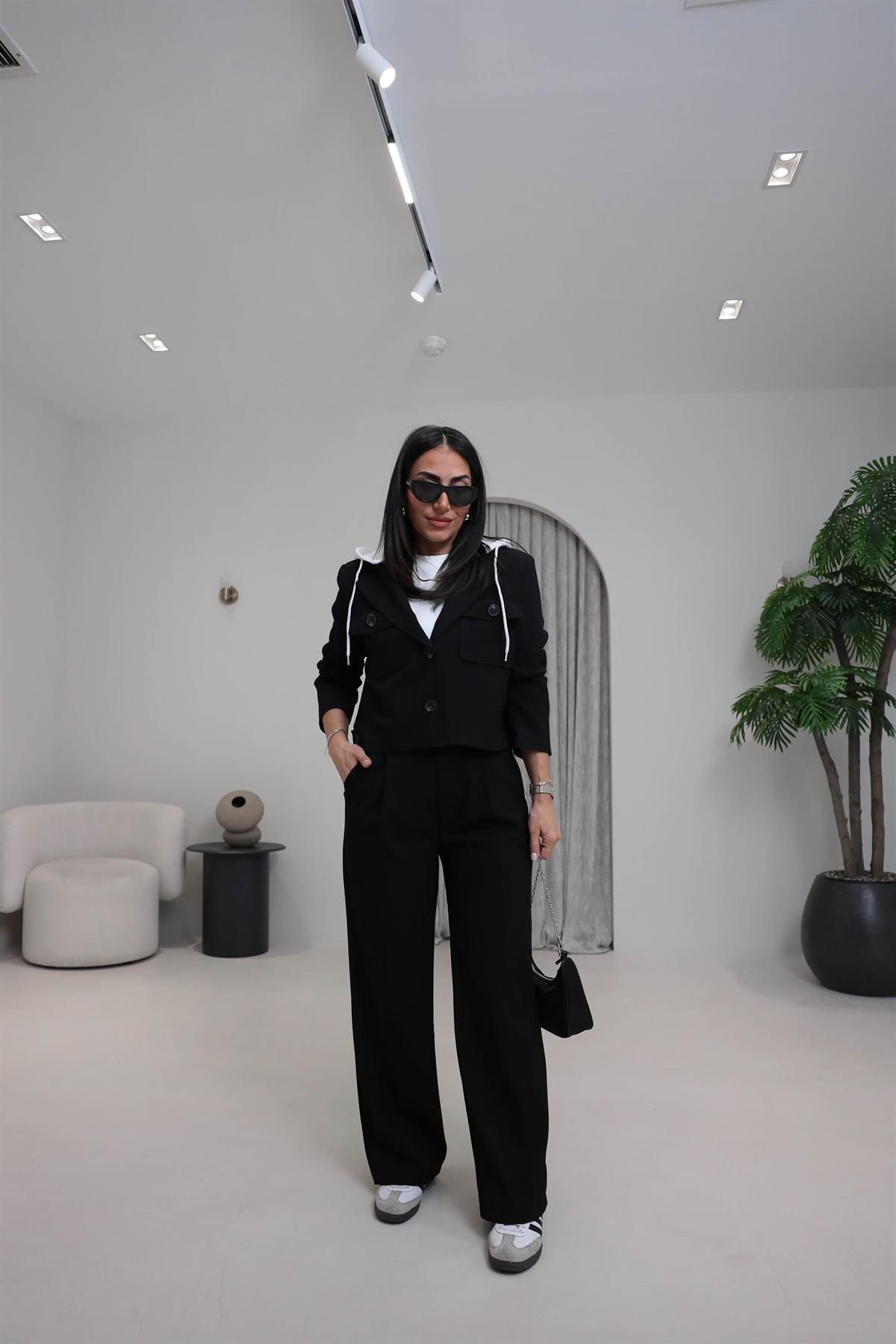 5904 Çıkarılabilir Kapşonlu Ceket Pantolon Takım SİYAH