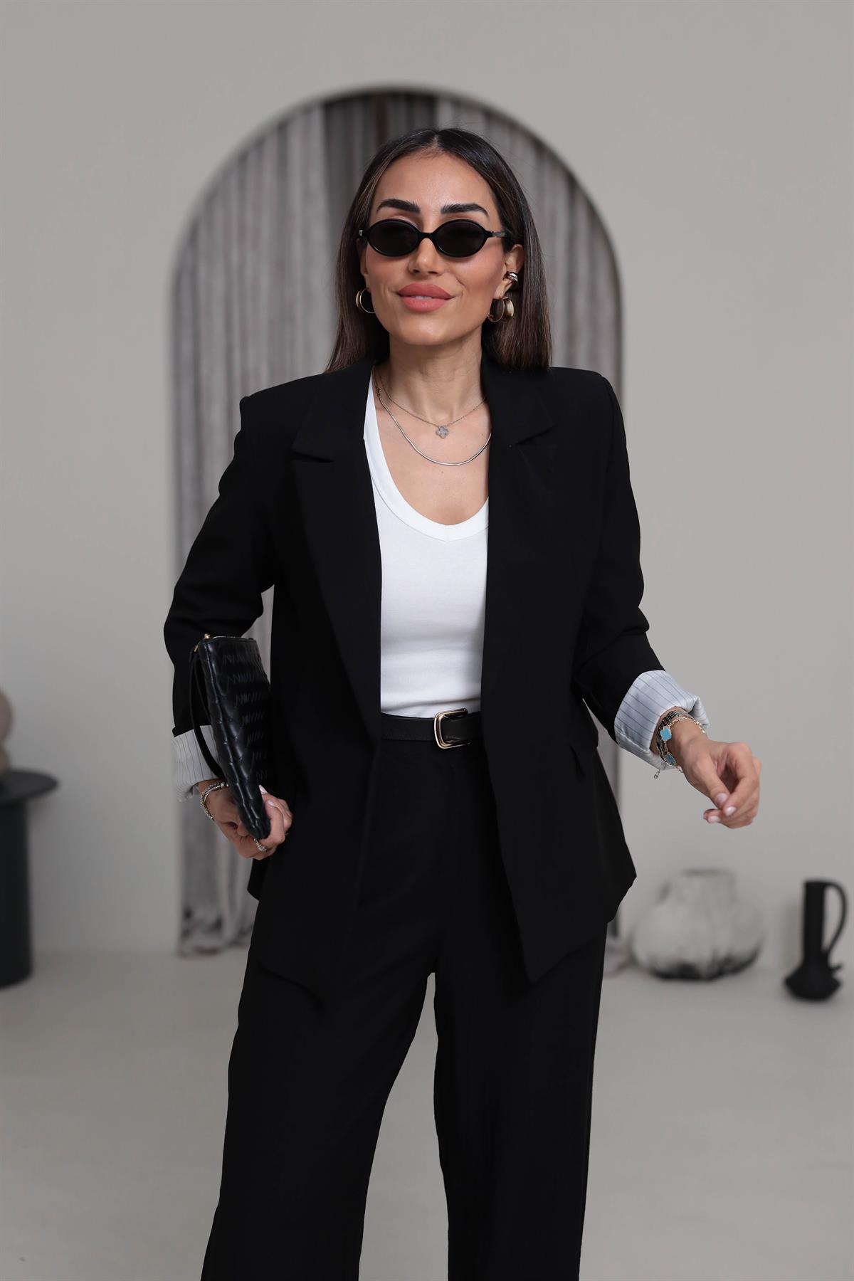 50178 Aeronbin Kol Katlamalı Çizgili Blazer Ceket SİYAH