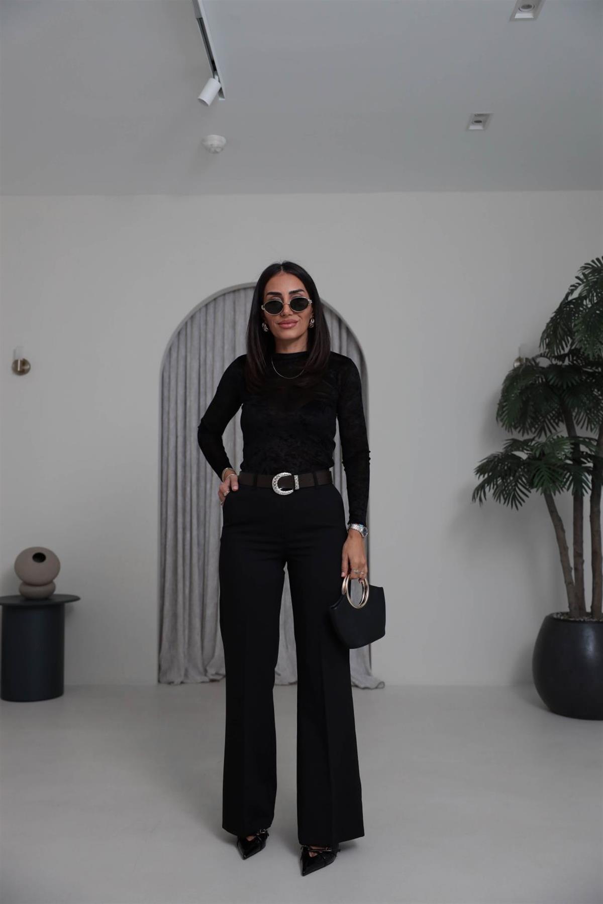 7038 Kemerli Palazzo Pantolon SİYAH