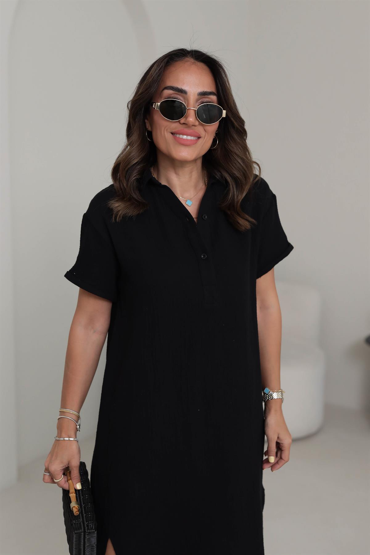 70222 Müslin Kısa Kollu Elbise SİYAH