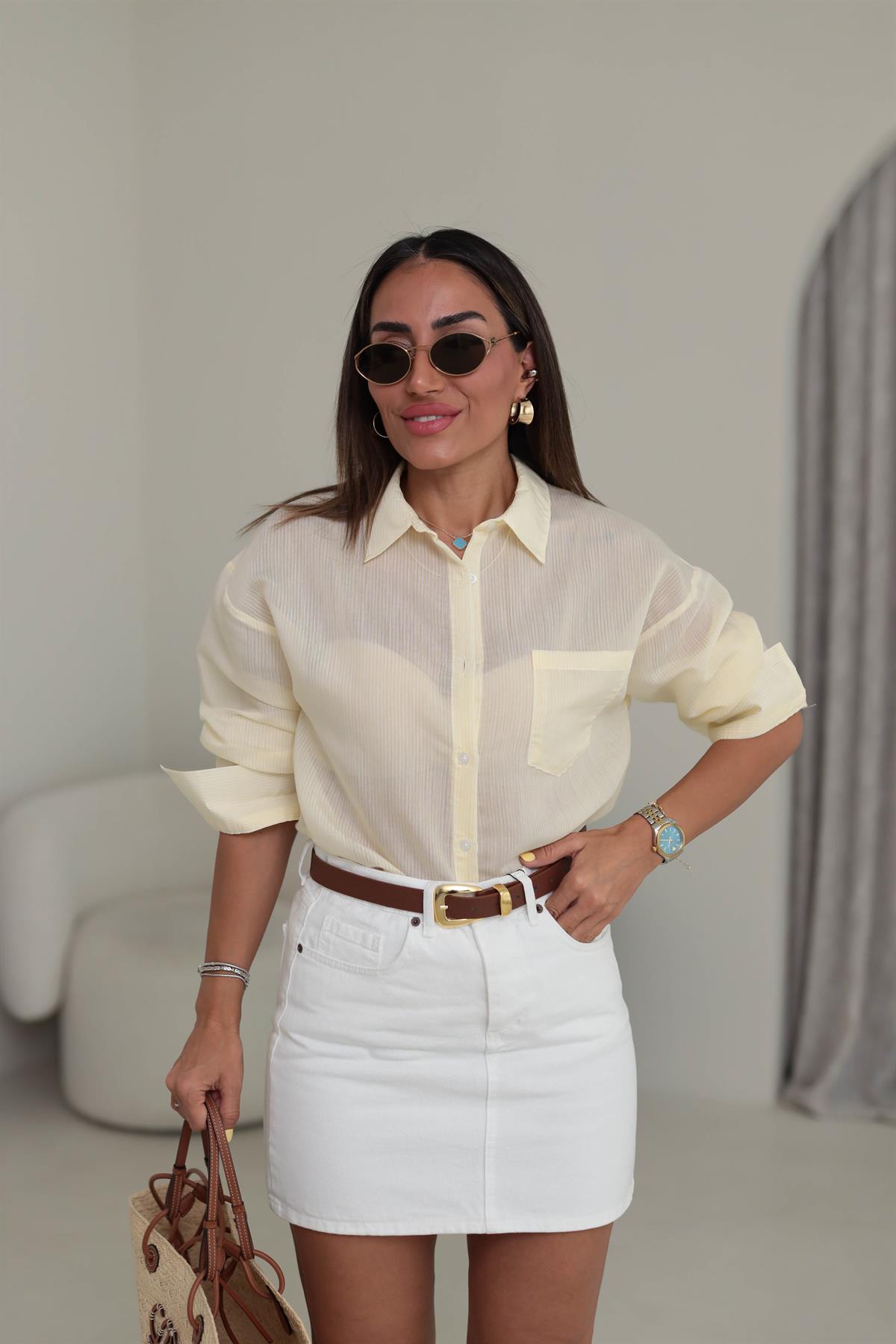 Çizgili İnce Gömlek SARI