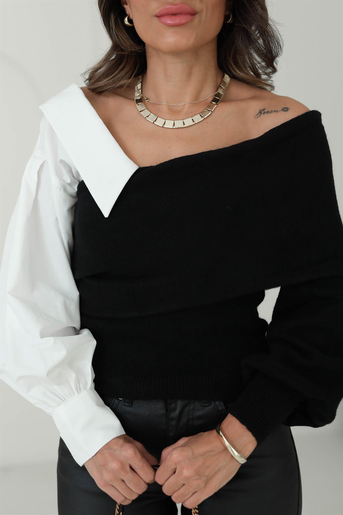 4256 Gömlek Garnili Triko Bluz SİYAH