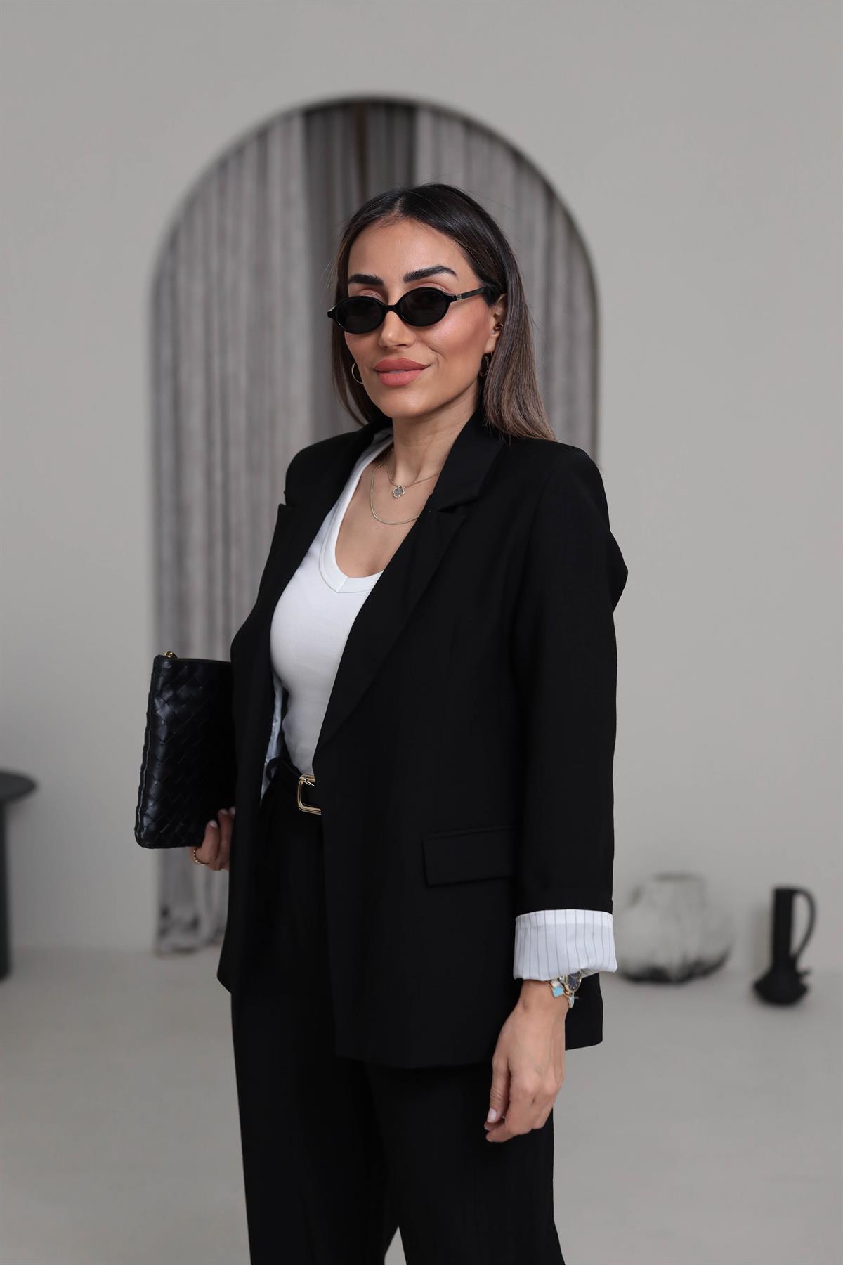 50178 Aeronbin Kol Katlamalı Çizgili Blazer Ceket SİYAH