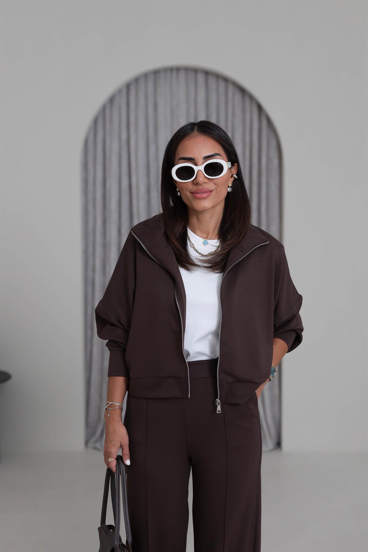 2378 Ceketi Fermuarlı Zincir Detay Modal Takım KAHVE