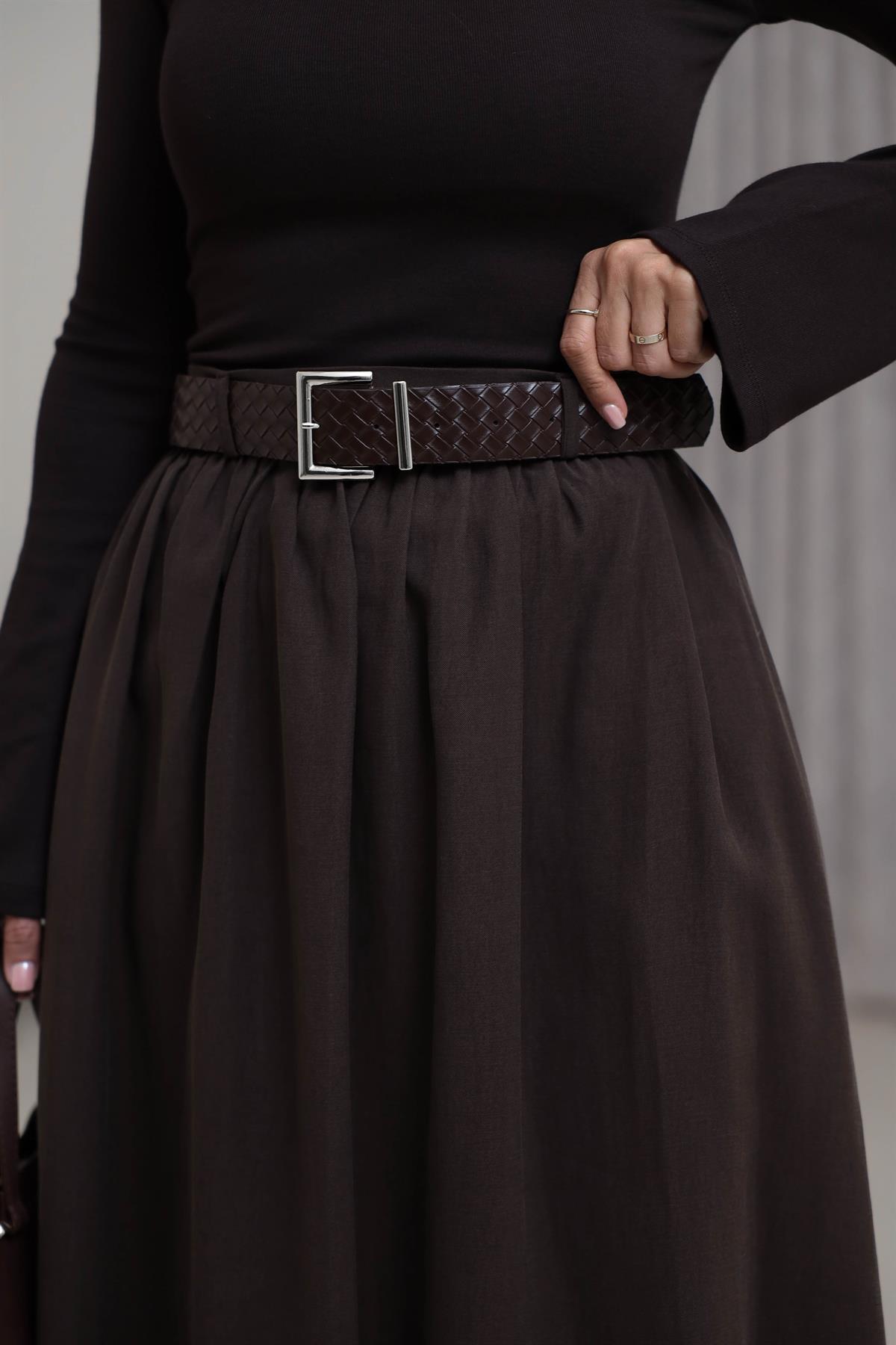 0727 Kemerli Tencel Etek KAHVE