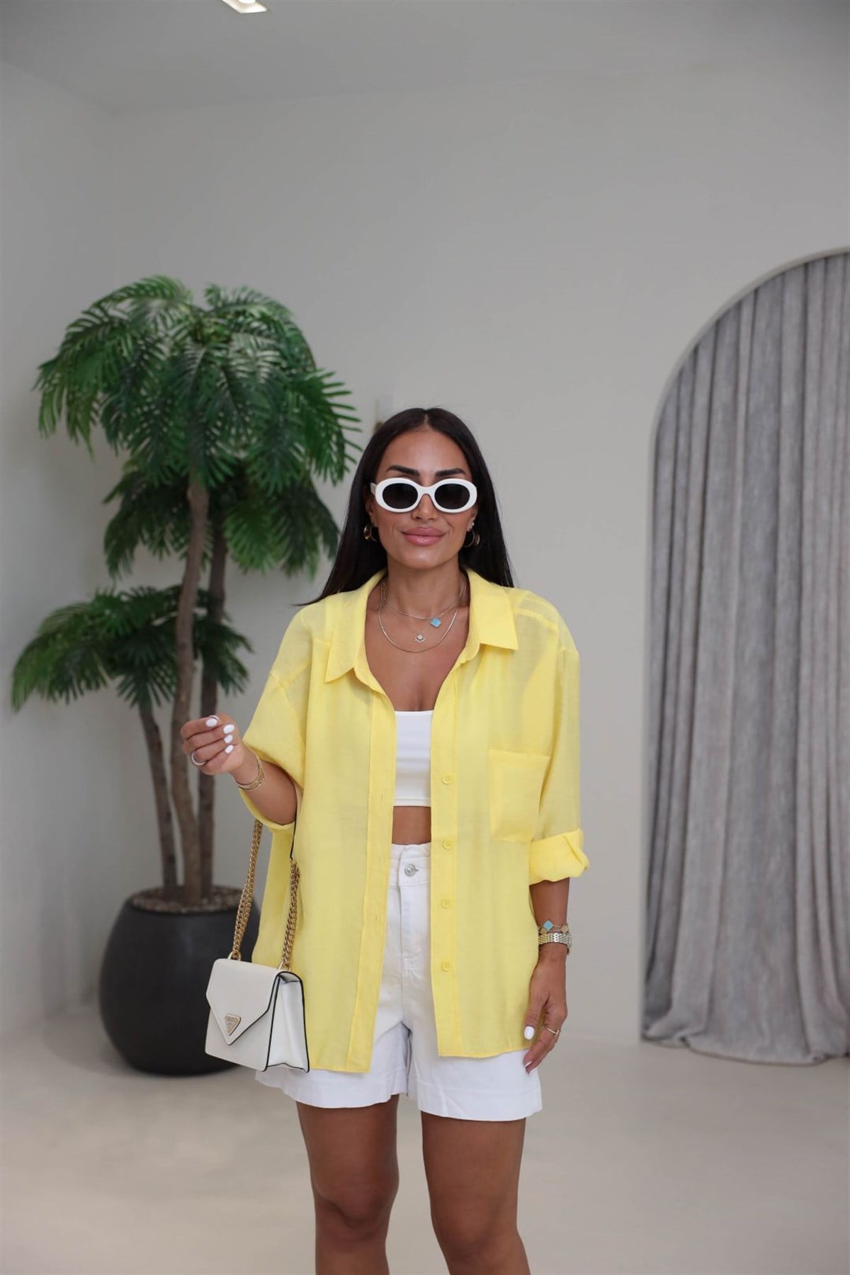 4612Y Tencel Omzu Düşük Oversize Gömlek Koyu Sarı