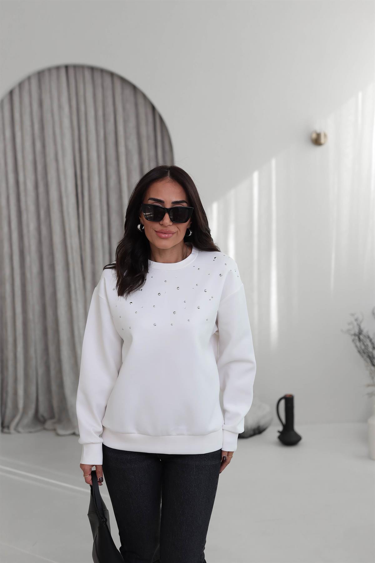 5902 Serpme Taşlı Scuba Sweatshirt BEYAZ