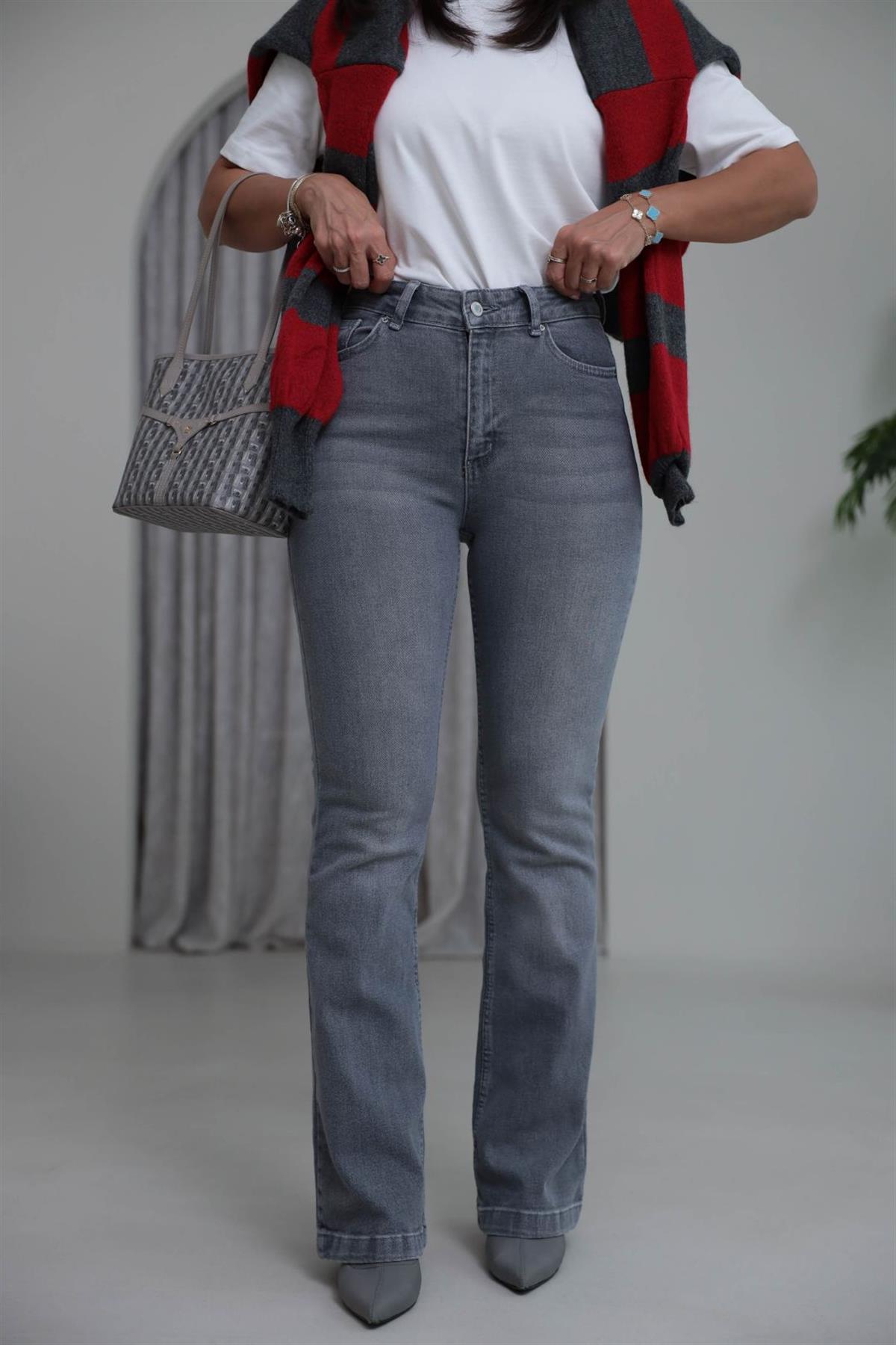 2023 Likralı İspanyol Paça Jean AÇIK GRİ