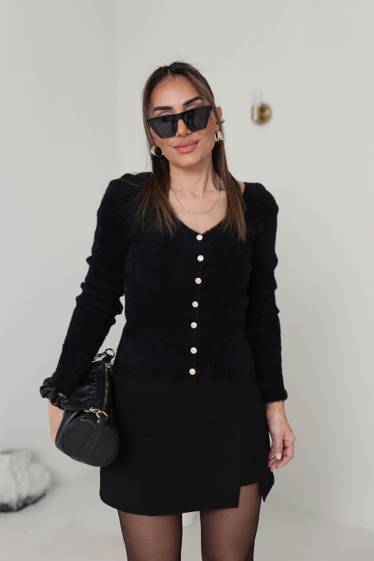 540K V Yaka Mini Düğmeli Yumoş Hırka SİYAH