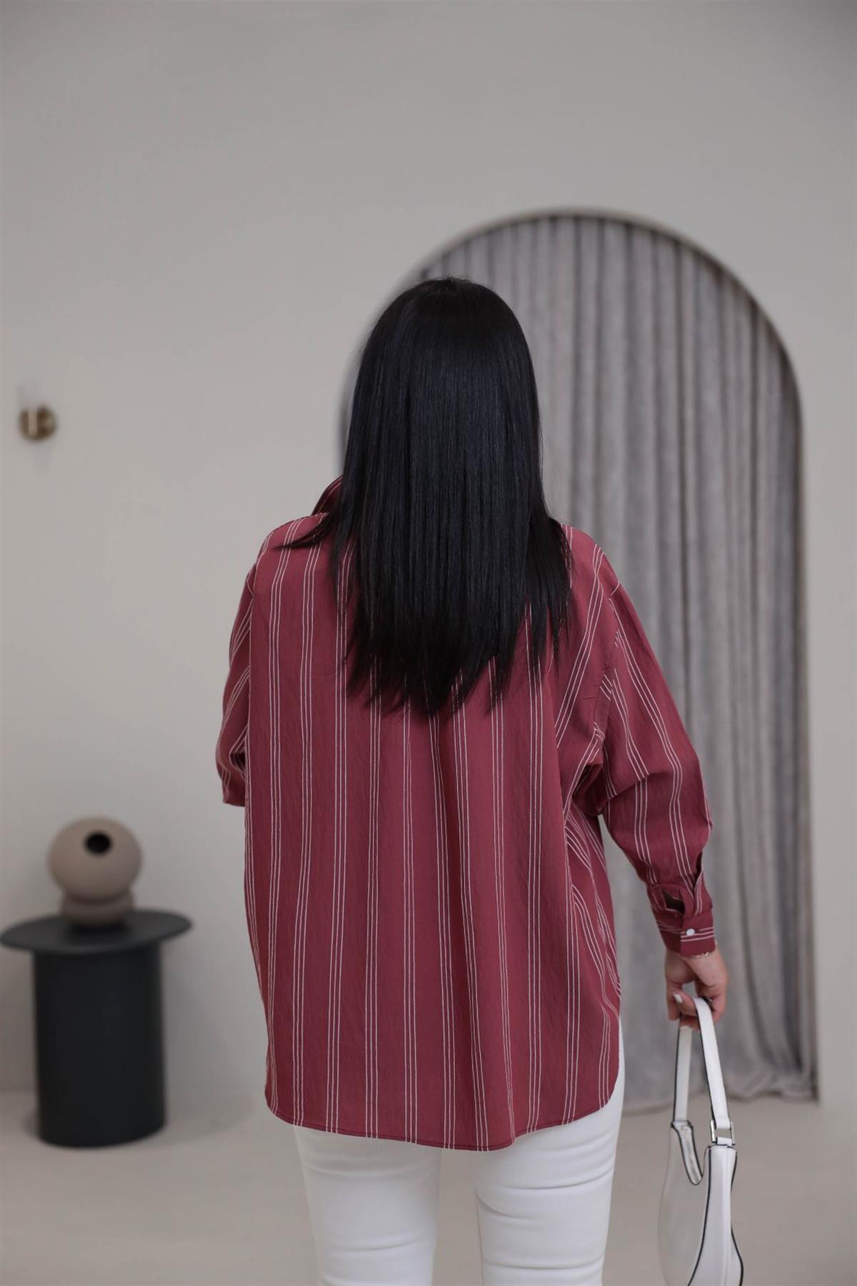 4003 Cepli Çizgili Viskon Gömlek BORDO