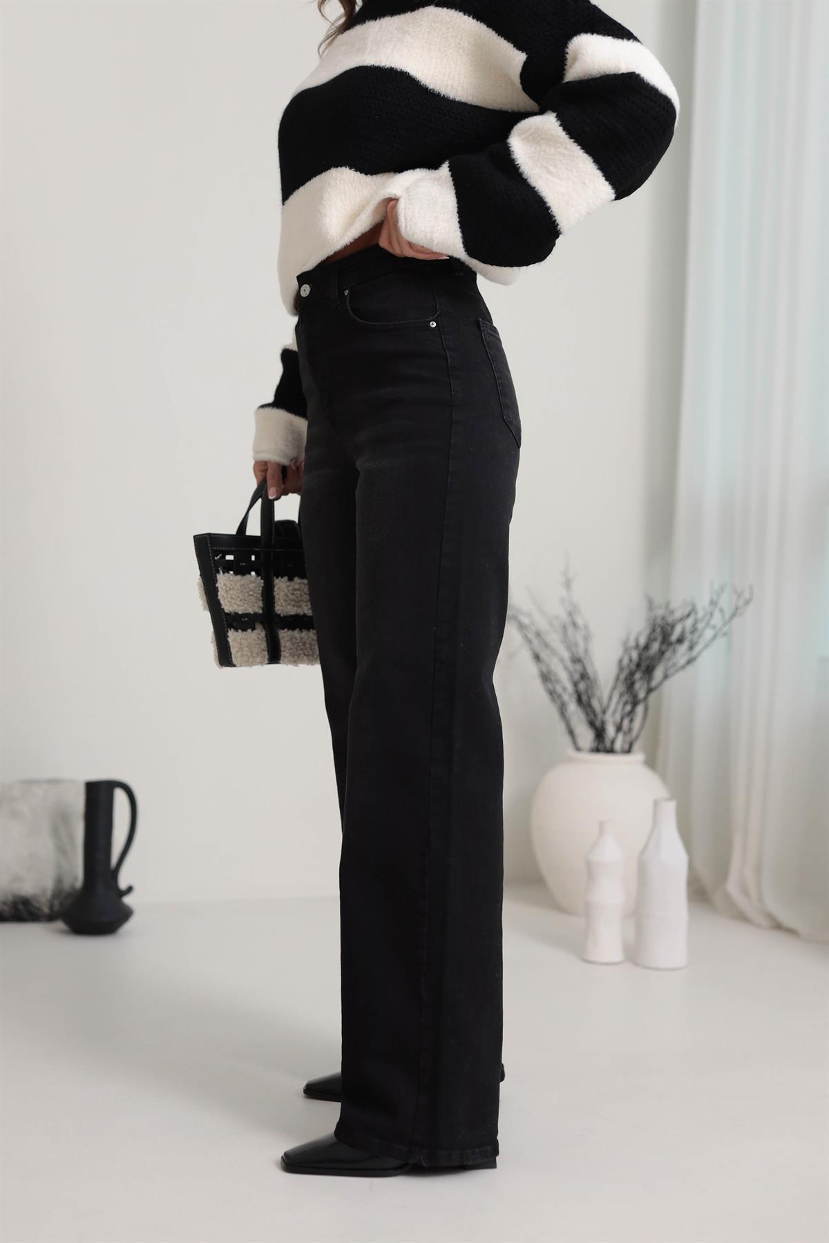 1071 Yüksek Bel Dökümlü Palazzo Jean YIKAMALI SİYAH