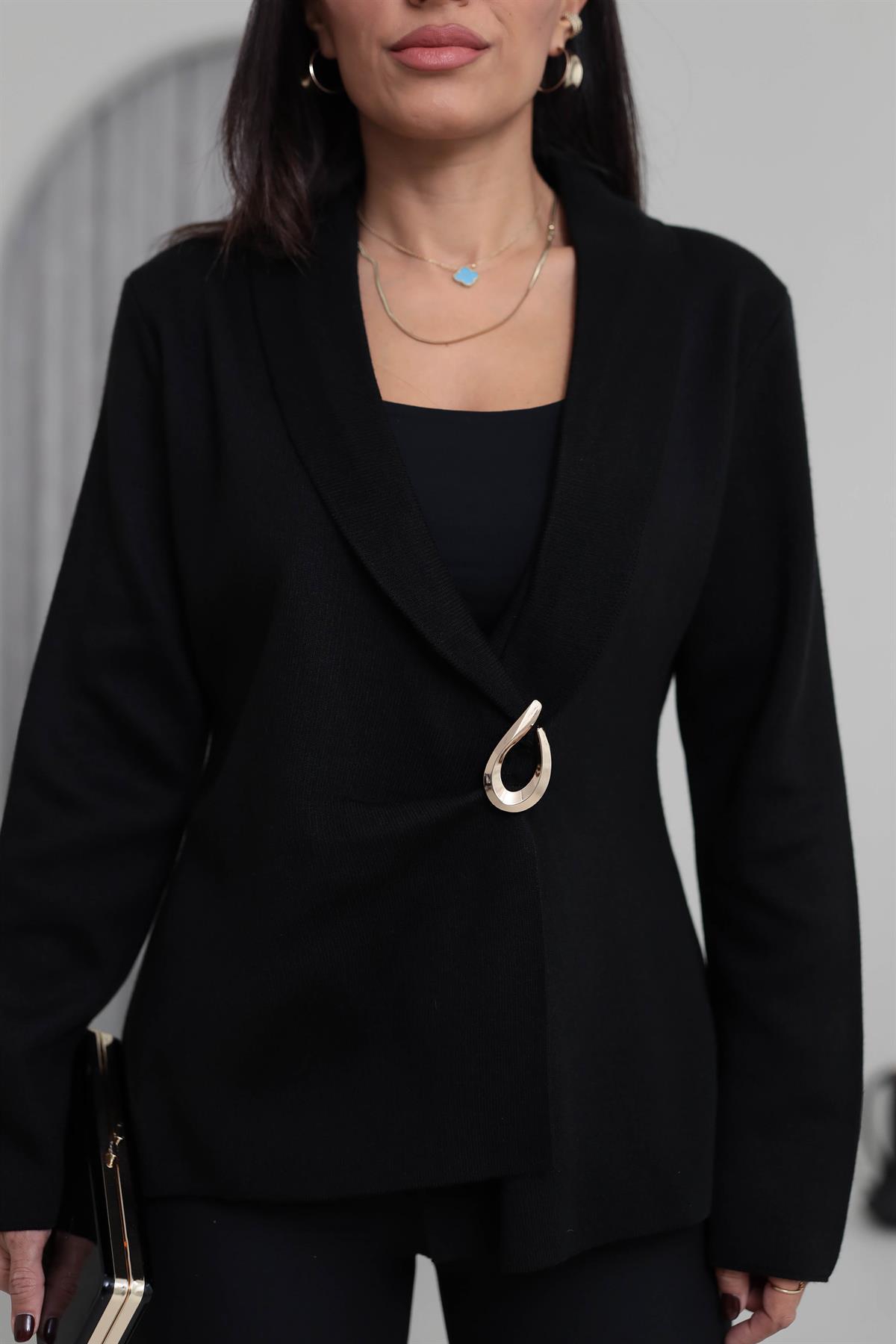 5835 Kruvaze Yaka Toka Detaylı Triko Ceket SİYAH