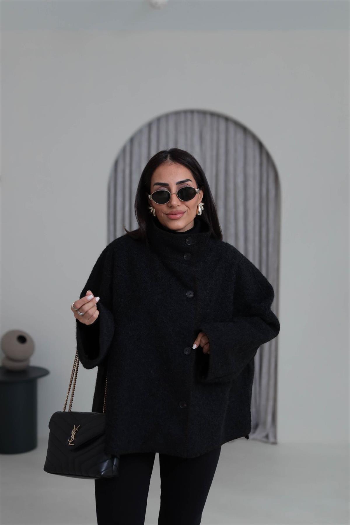 0563 Dikiş Detaylı Dik Yaka Kaşe Ceket SİYAH