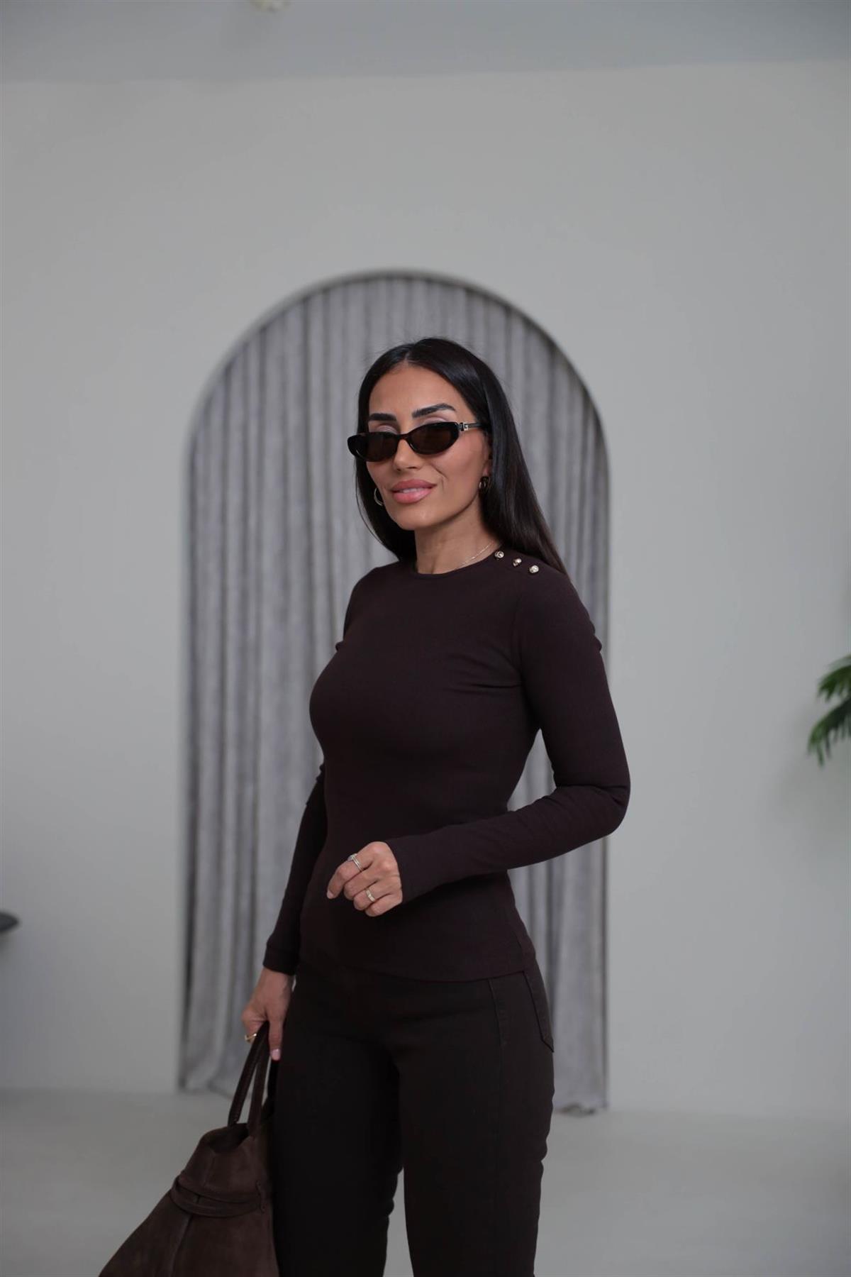 7245 Omzu Düğmeli Fitilli Bluz ACI KAHVE