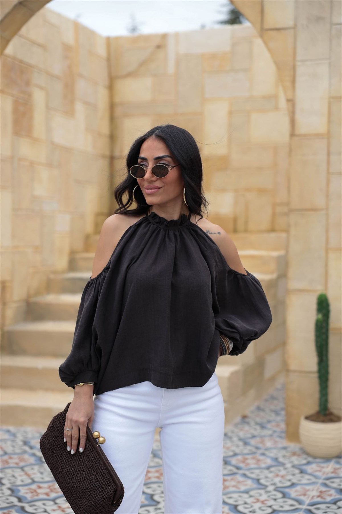 3264 Büzgülü Kol Dekolteli Bluz KAHVE