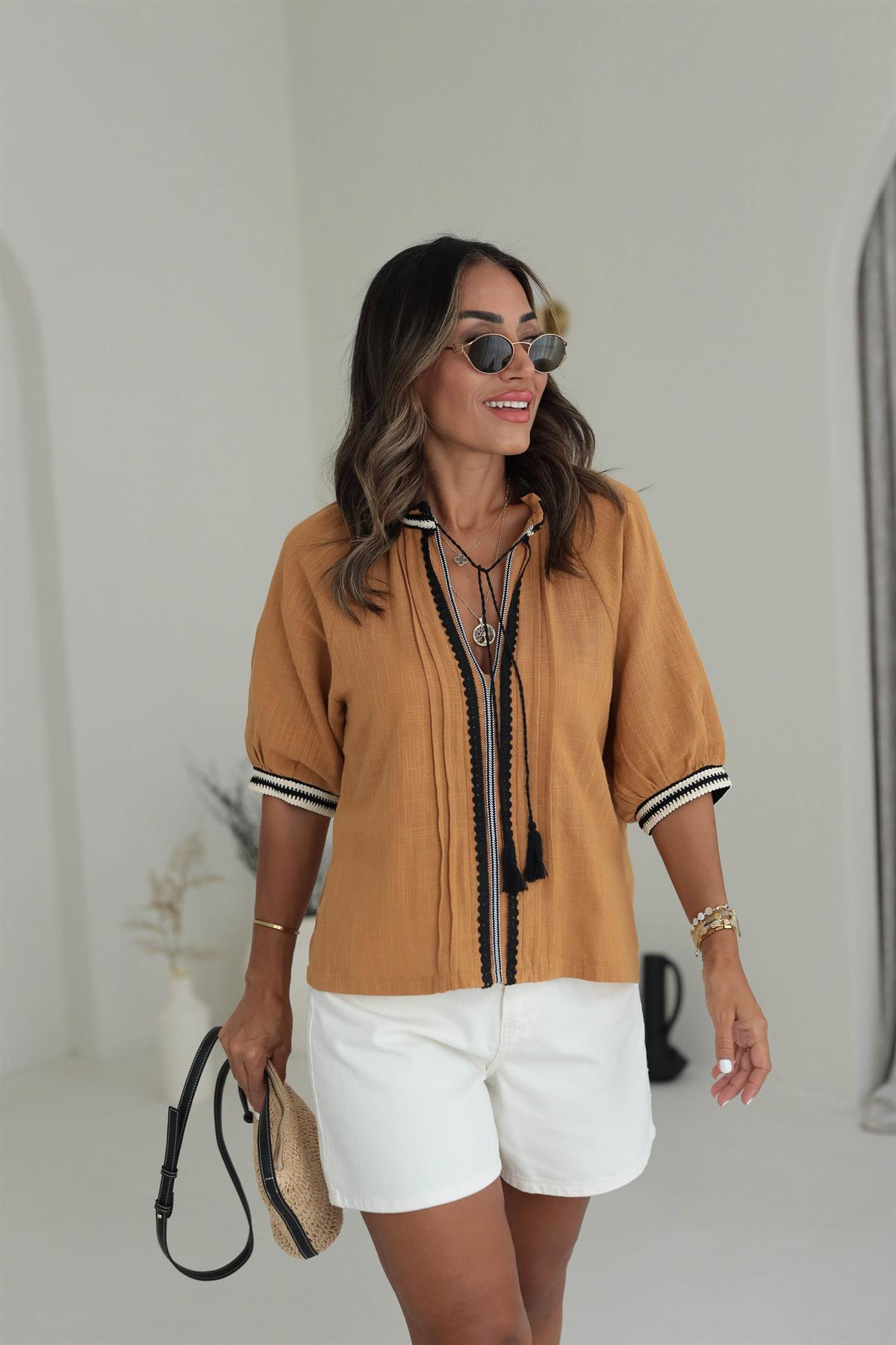 Hakim Yaka Önü Bağlamalı Örgü Detaylı Keten Bluz