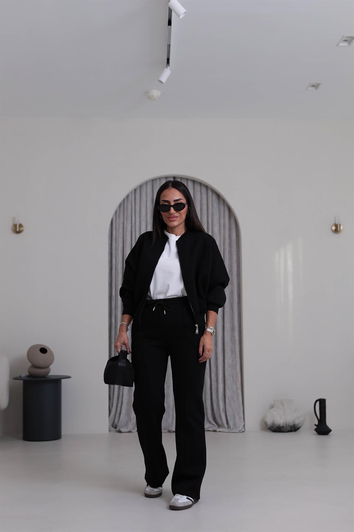 7085 Viral Bomber Ceketli 3 İplik Şardonlu Takım SİYAH