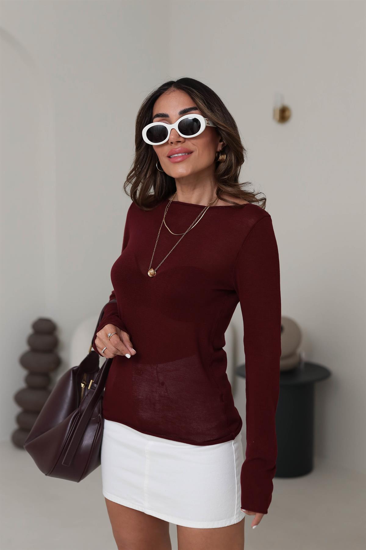 Havuz Yaka İnce Merserize Triko Bluz BORDO