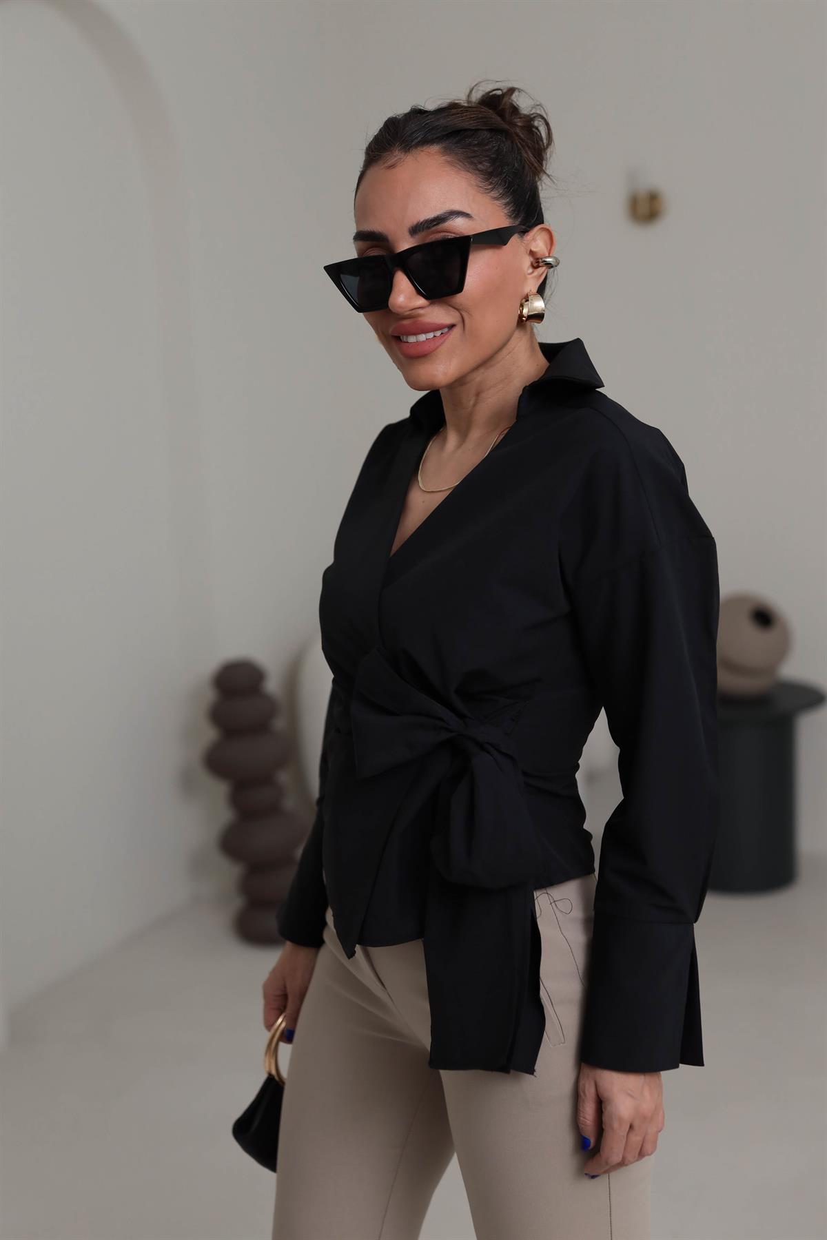 1023 Kruvaze Yaka Yandan Bağlamalı Poplin Gömlek SİYAH