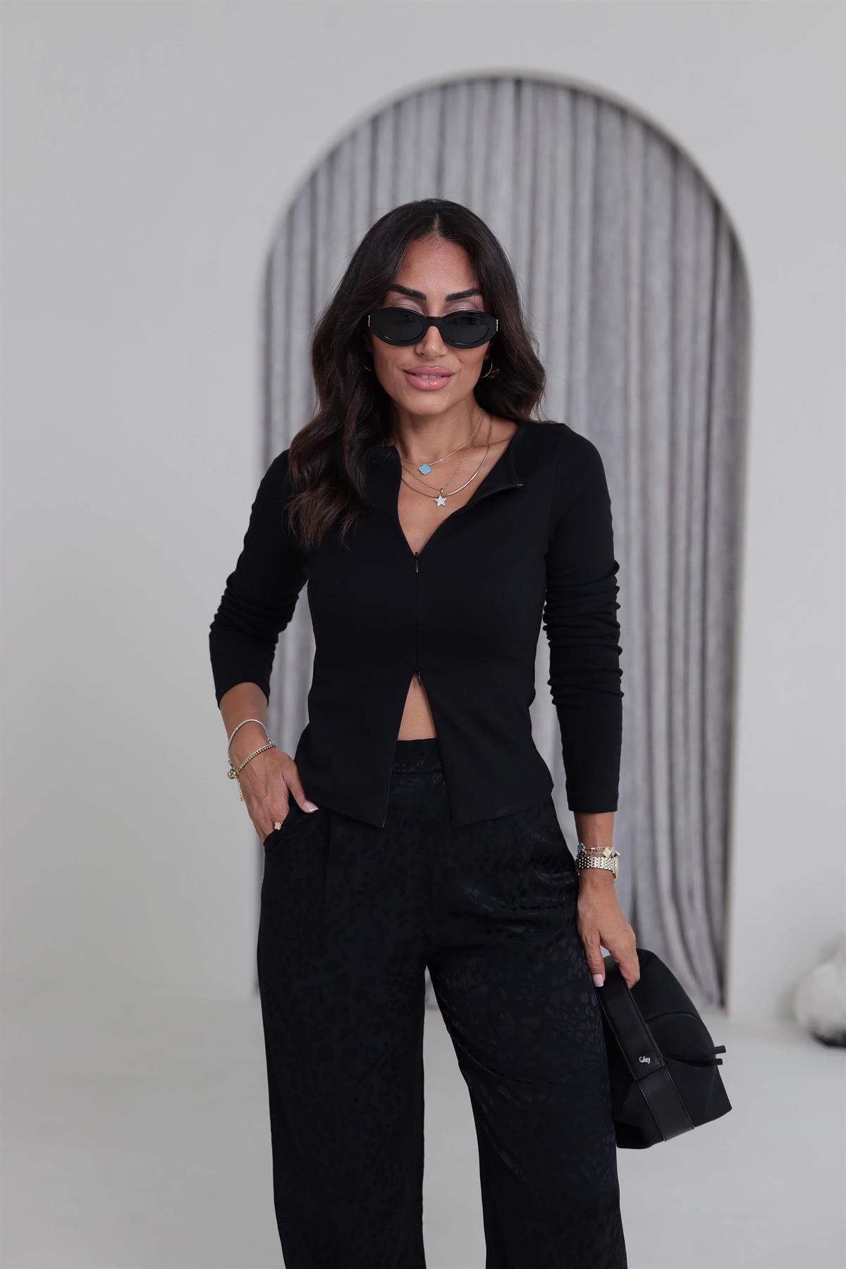 1993 Fermuar Detaylı Uzun Kollu Bluz SİYAH