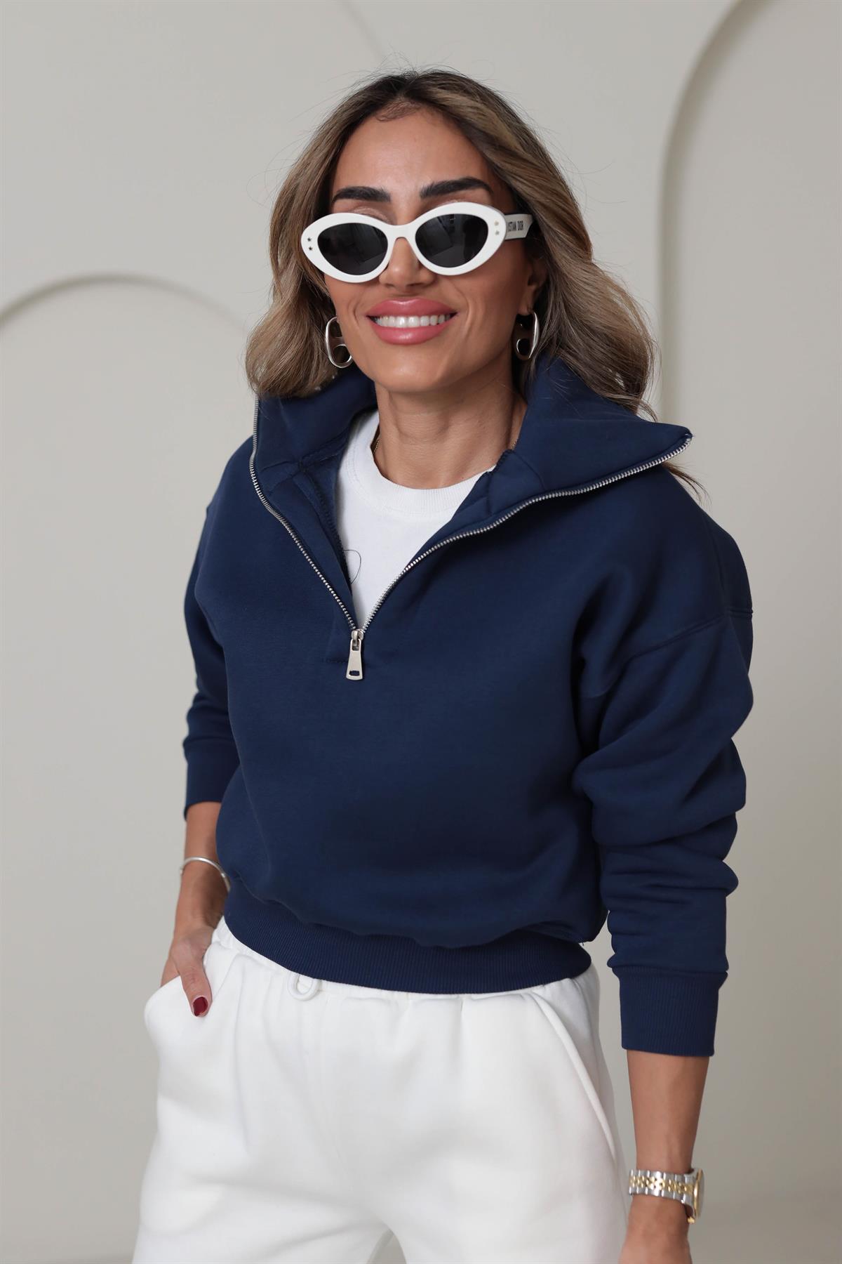 132 Fermuar Detaylı Crop Sweatshirt LACİVERT