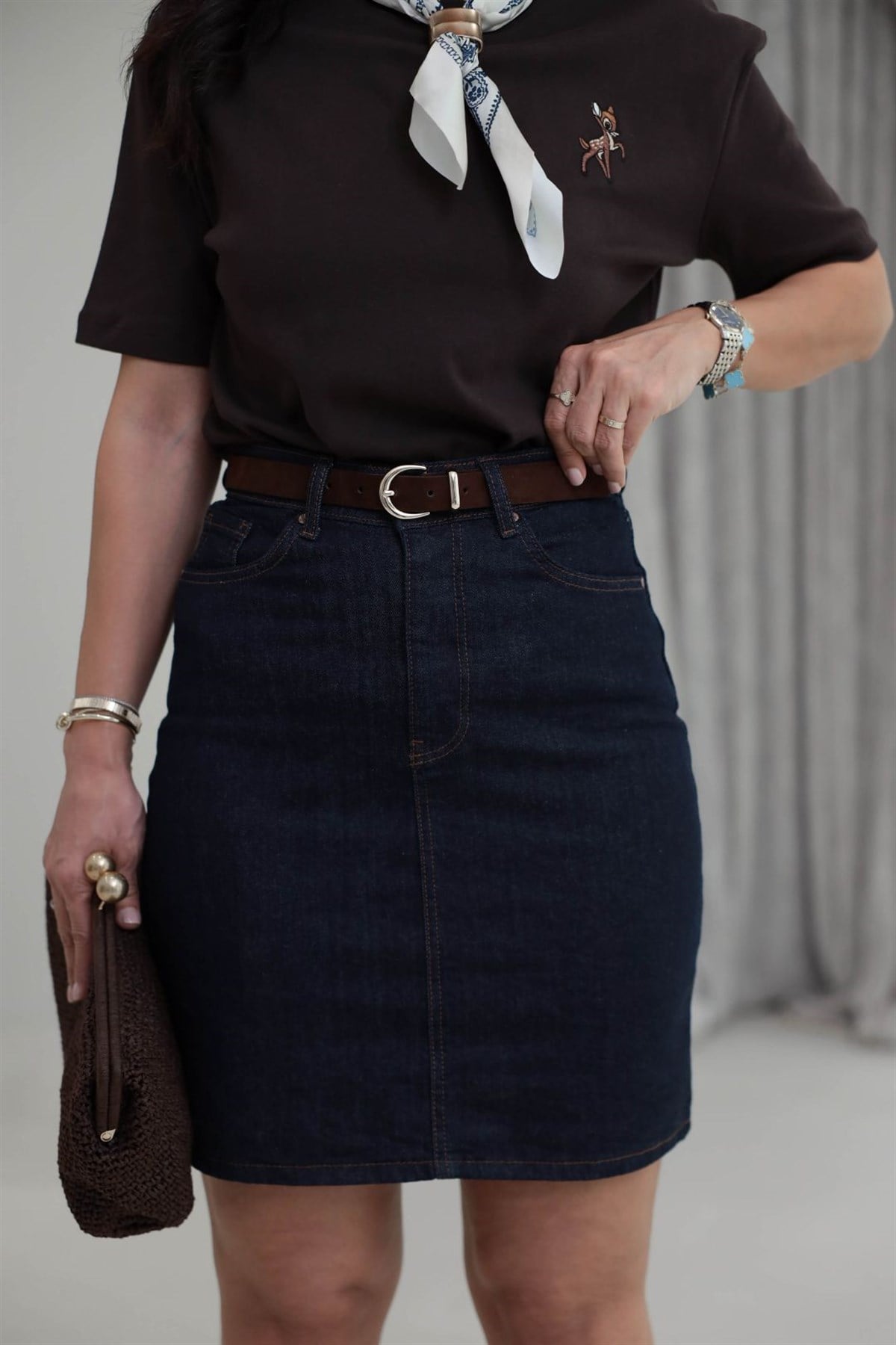 112 Kemerli Likralı Denim Etek LACİVERT