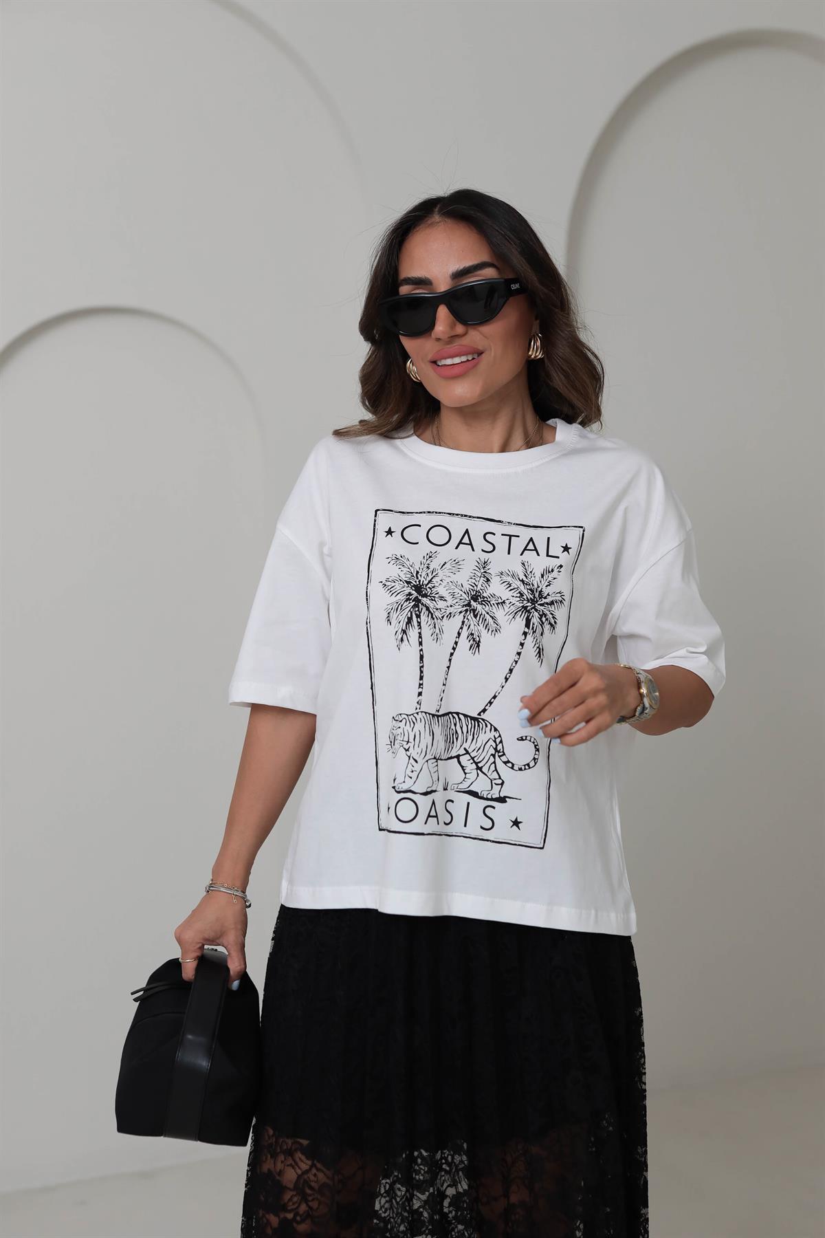 T509 Baskılı Pamuklu Oversize Tshirt SİYAH