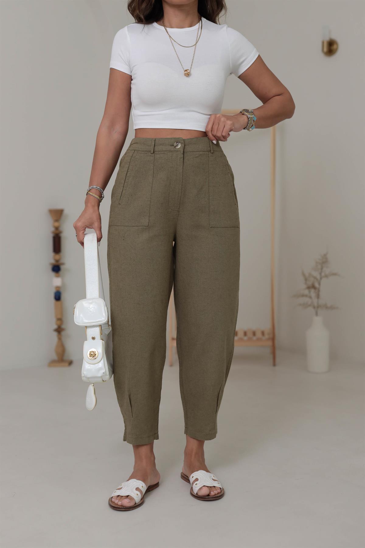 1711 Paçası Pensli Yan Cepli Keten Pantolon HAKİ YEŞİL