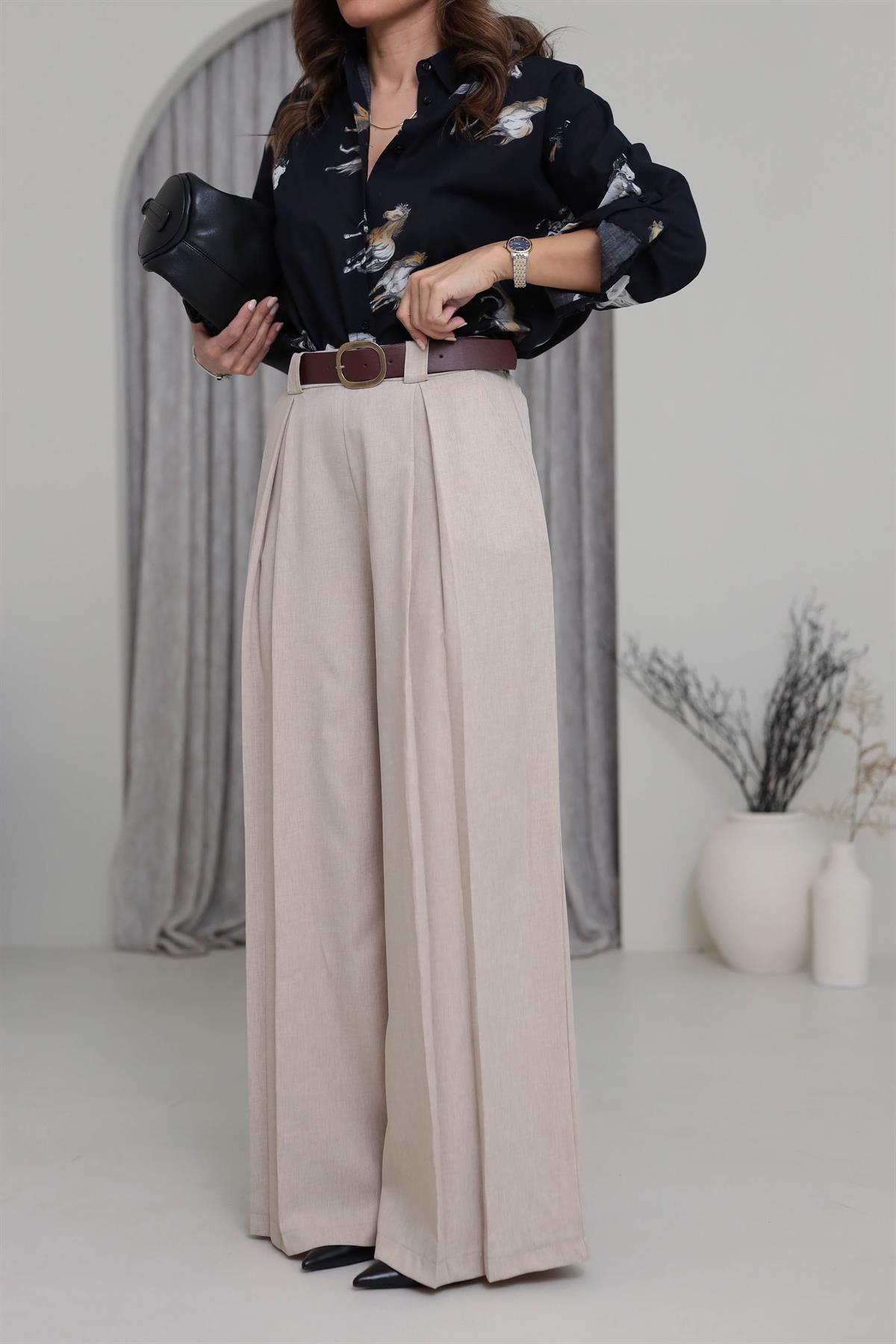 2569 Arka Bel Lastikli Kemerli Palazzo Pantolon BEJ