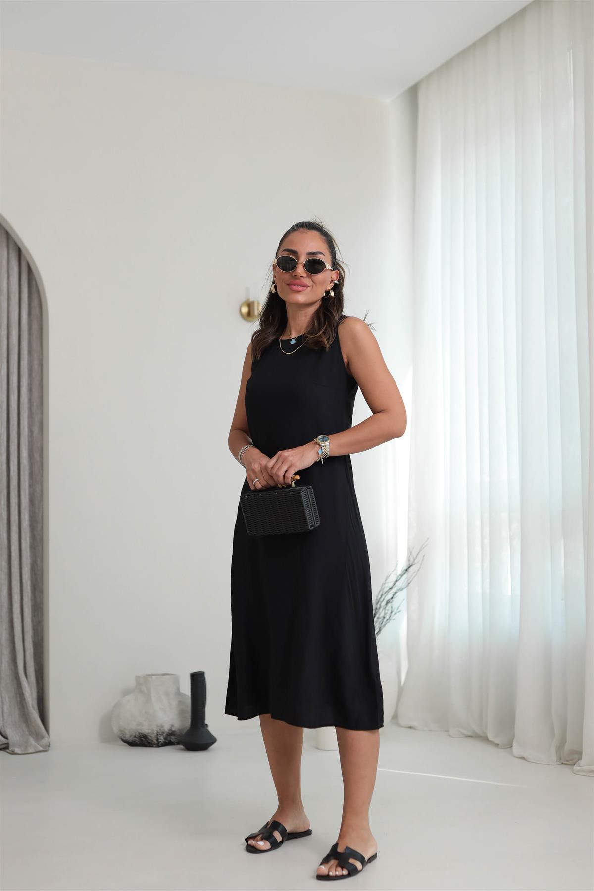 7633 Kolsuz Tiril Elbise SİYAH