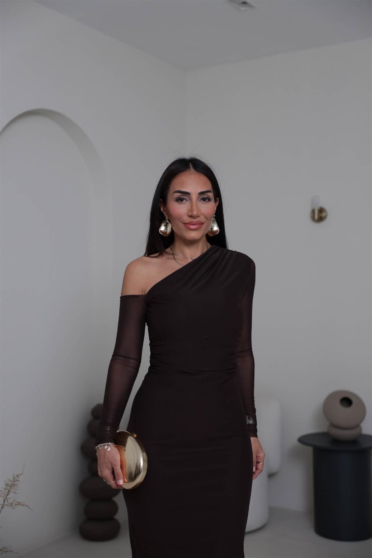 K1942 Tek Omuz Detay Drapeli Tül Elbise KAHVE