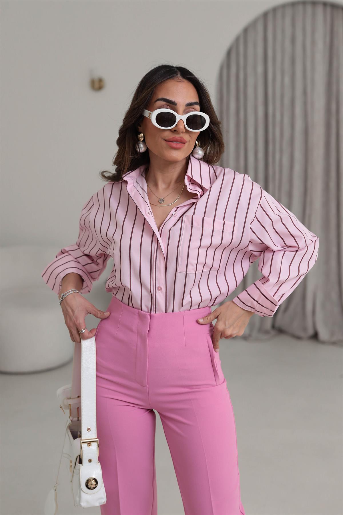 3142 Çizgili Cep Detaylı Poplin Gömlek PEMBE