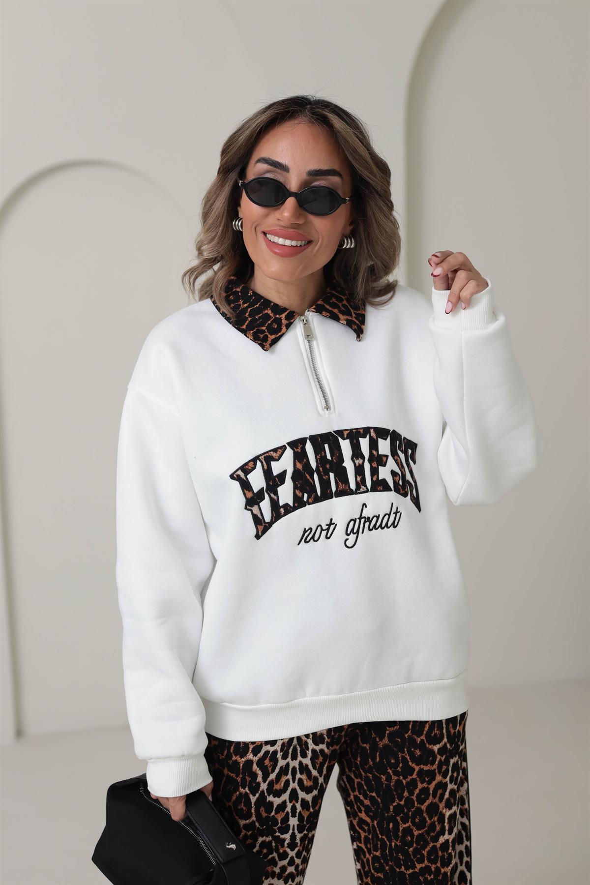 Leopar Yakalı Nakışlı Şardonlu Sweatshirt EKRU
