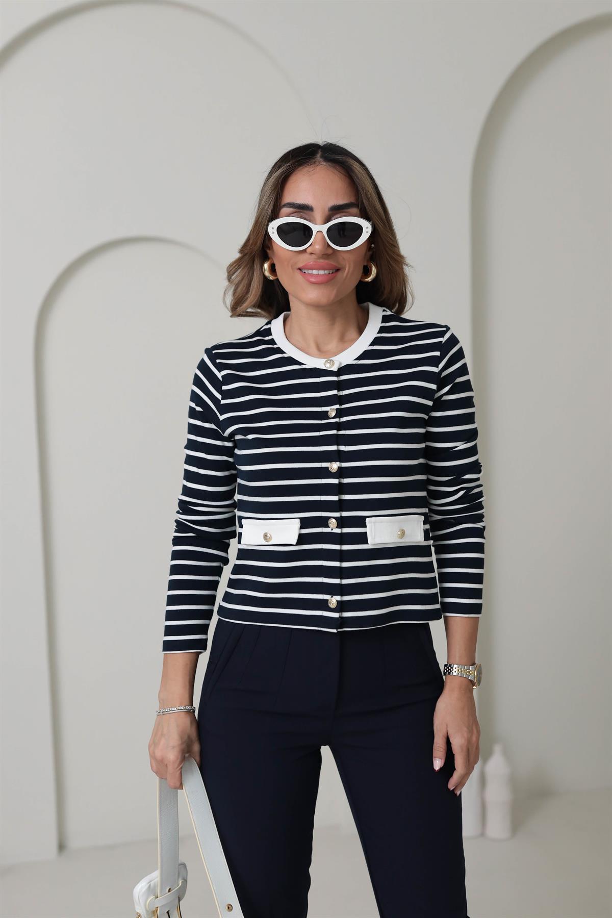 6459 Çizgili Gold Düğmeli Pamuklu Hırka LACİ-BEYAZ