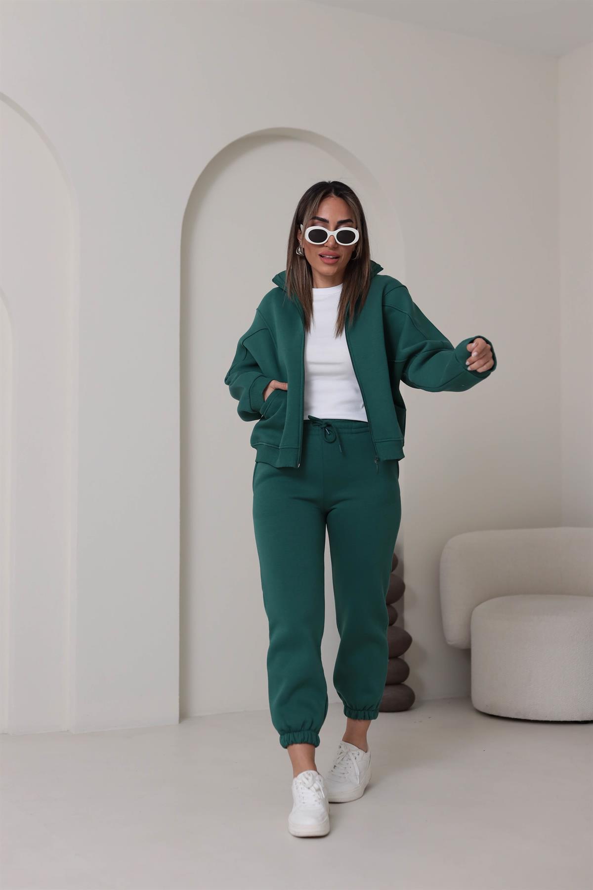 Fermuarlı 3iplik Şardonlu Takım YEŞİL